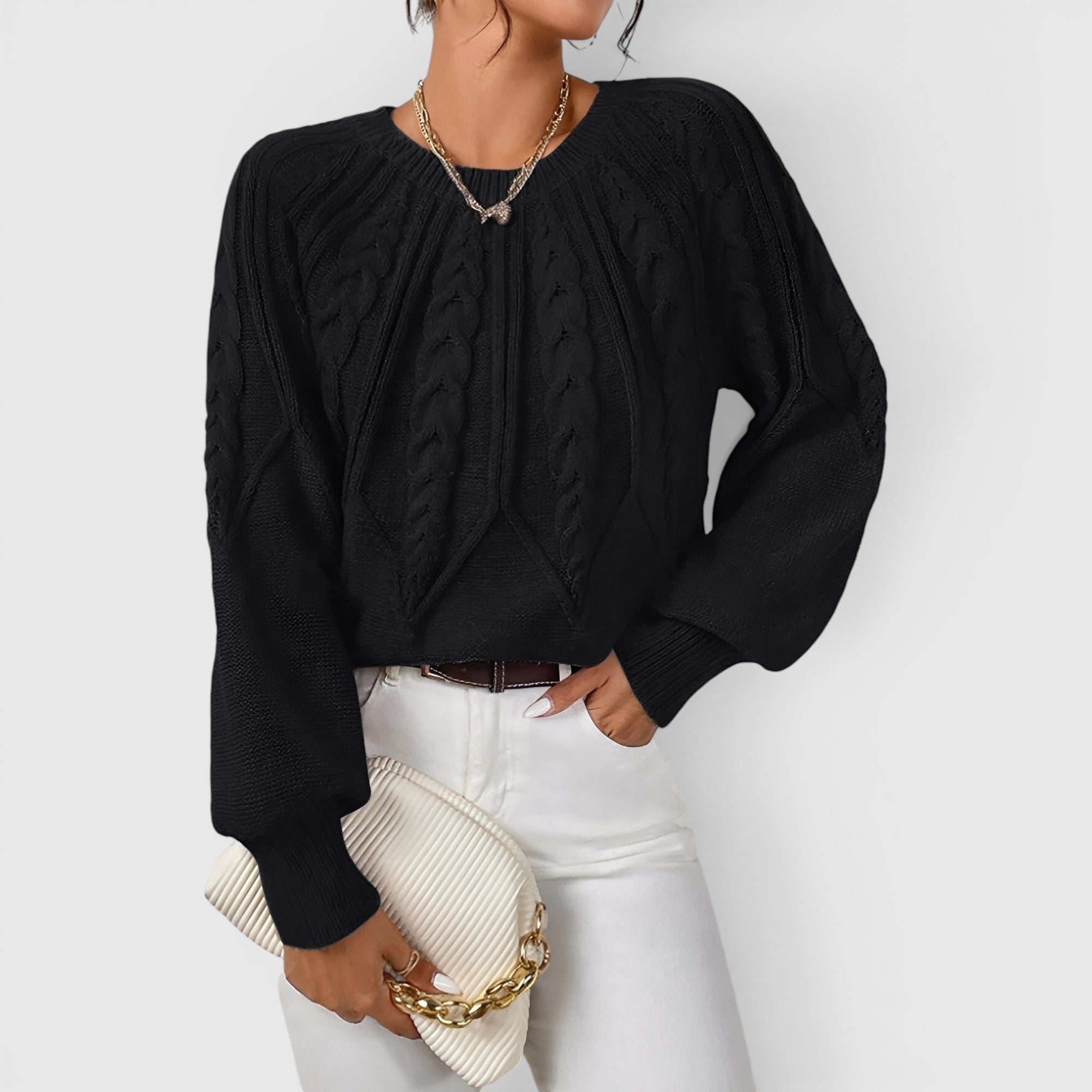 Ellmont London | Women's V-Neck Cable Knit Sweater Soft Long Sleeve Pullover