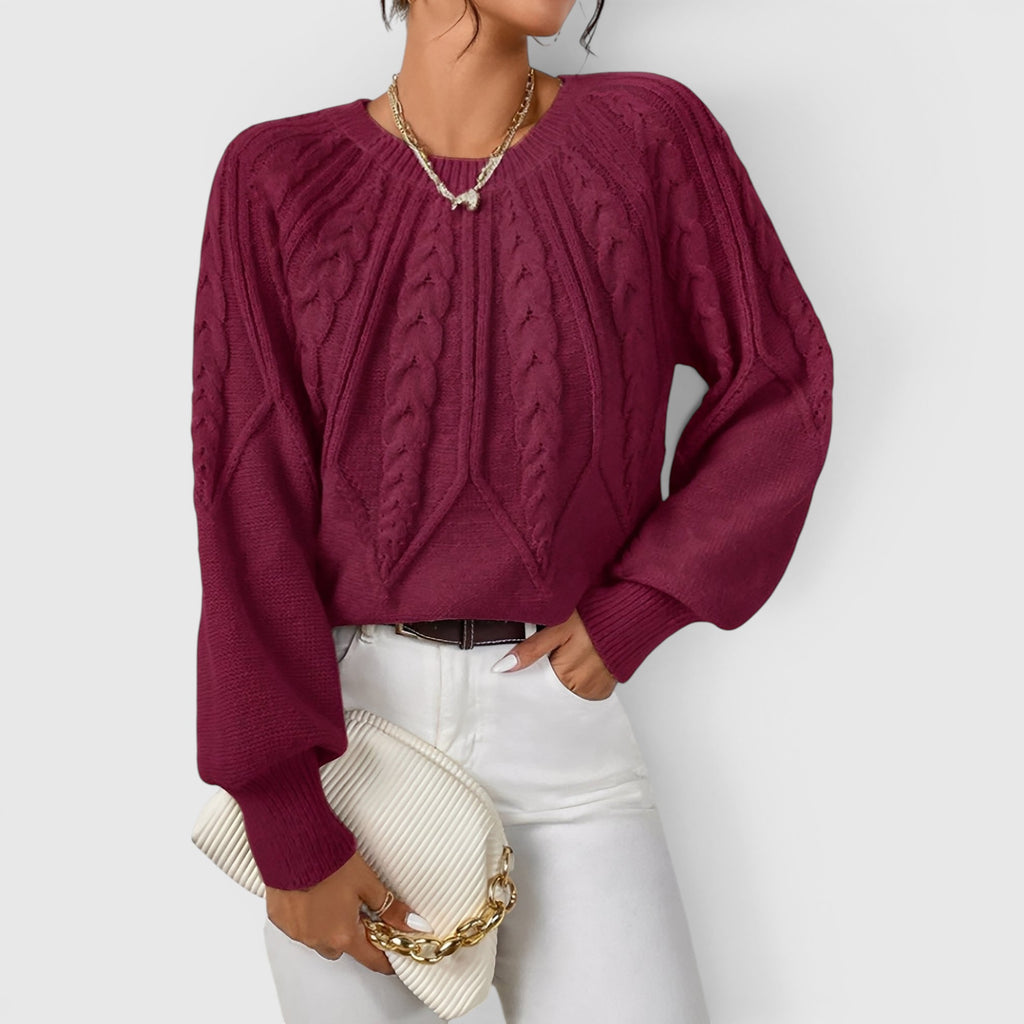 Ellmont London | Women's V-Neck Cable Knit Sweater Soft Long Sleeve Pullover
