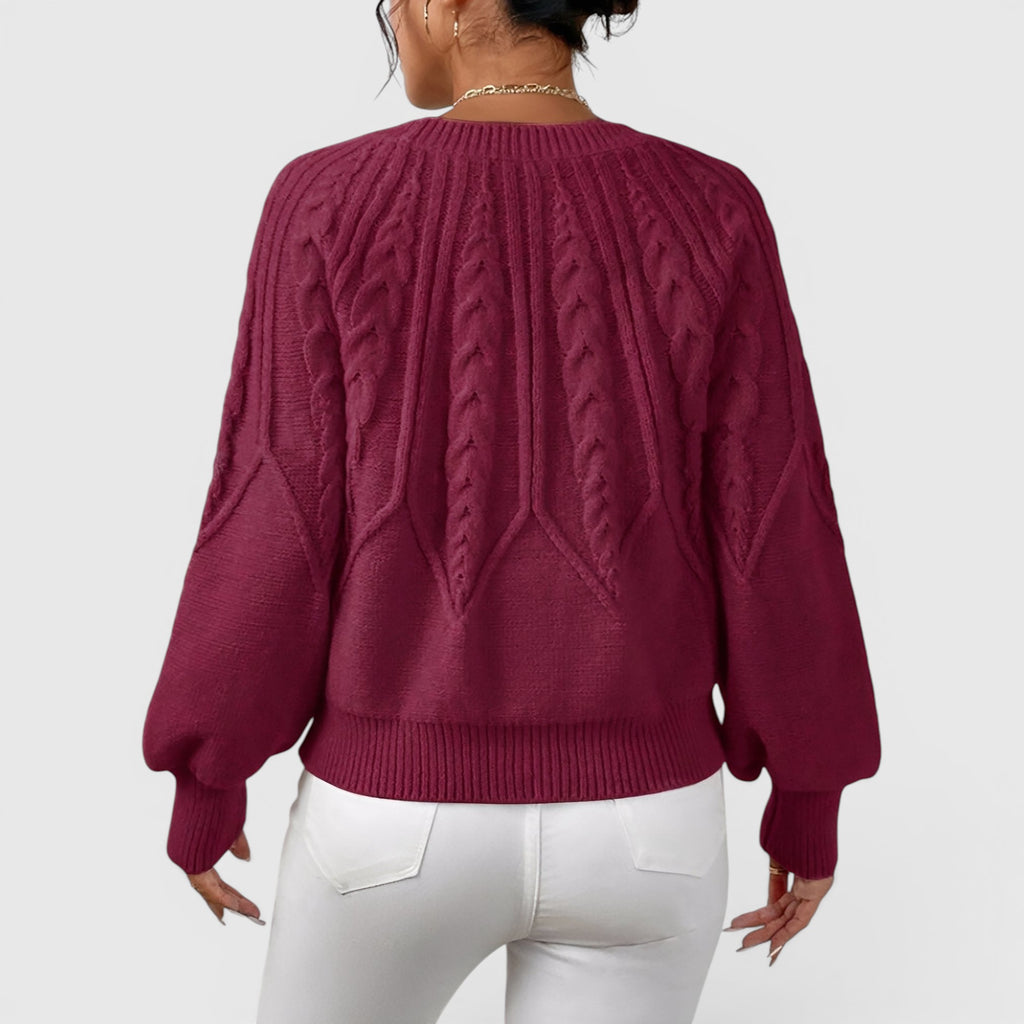 Ellmont London | Women's V-Neck Cable Knit Sweater Soft Long Sleeve Pullover