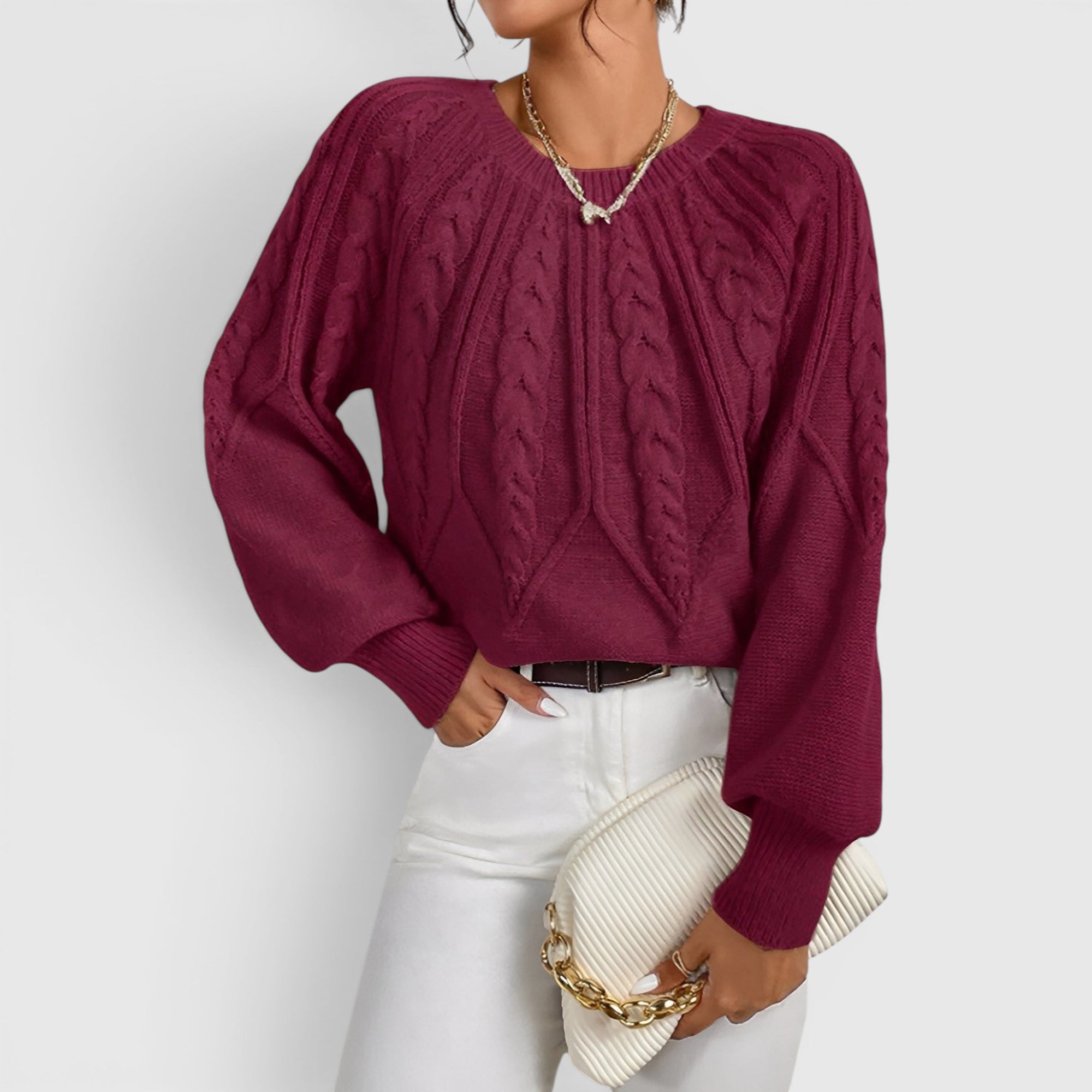 Ellmont London | Women's V-Neck Cable Knit Sweater Soft Long Sleeve Pullover