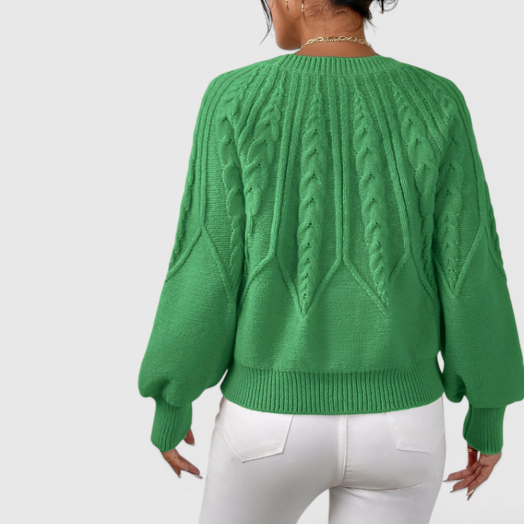 Ellmont London | Women's V-Neck Cable Knit Sweater Soft Long Sleeve Pullover
