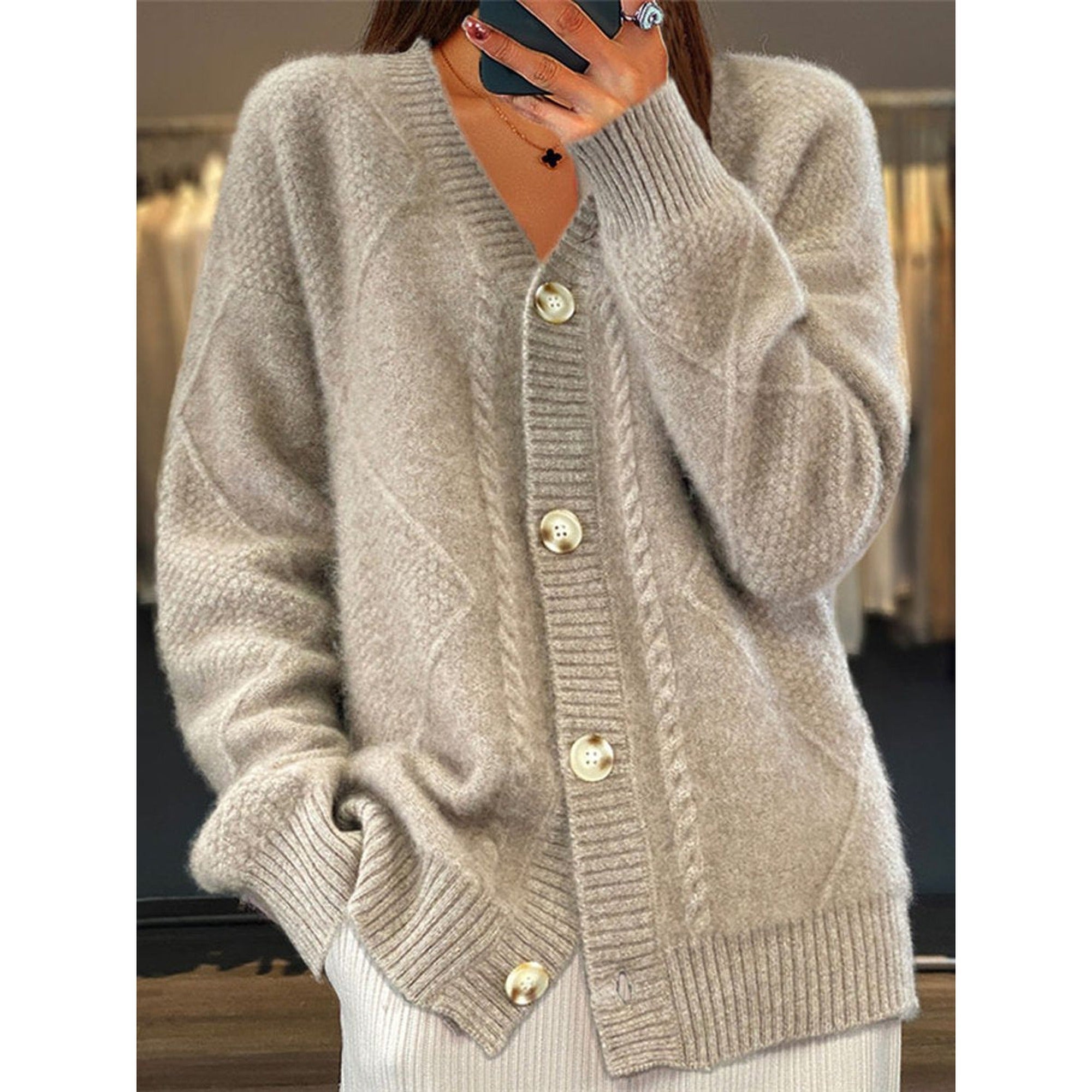 Kiera | V-Neck Cardigan Sweater for Women - Cable Knit - Beige