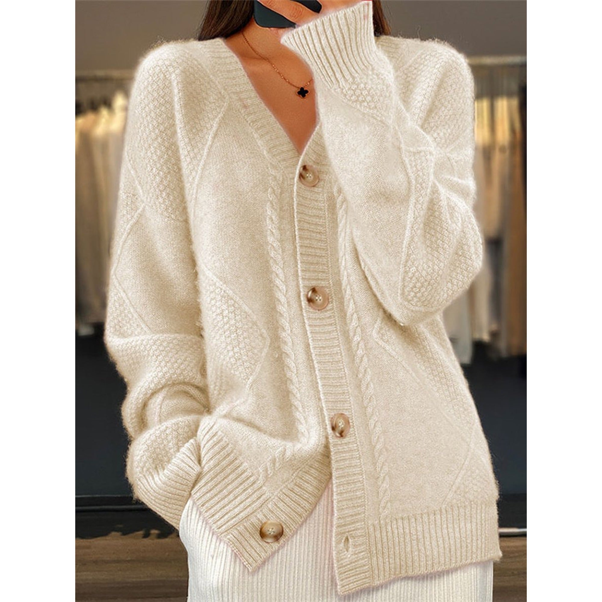 Kiera | V-Neck Cardigan Sweater for Women - Cable Knit - Off White