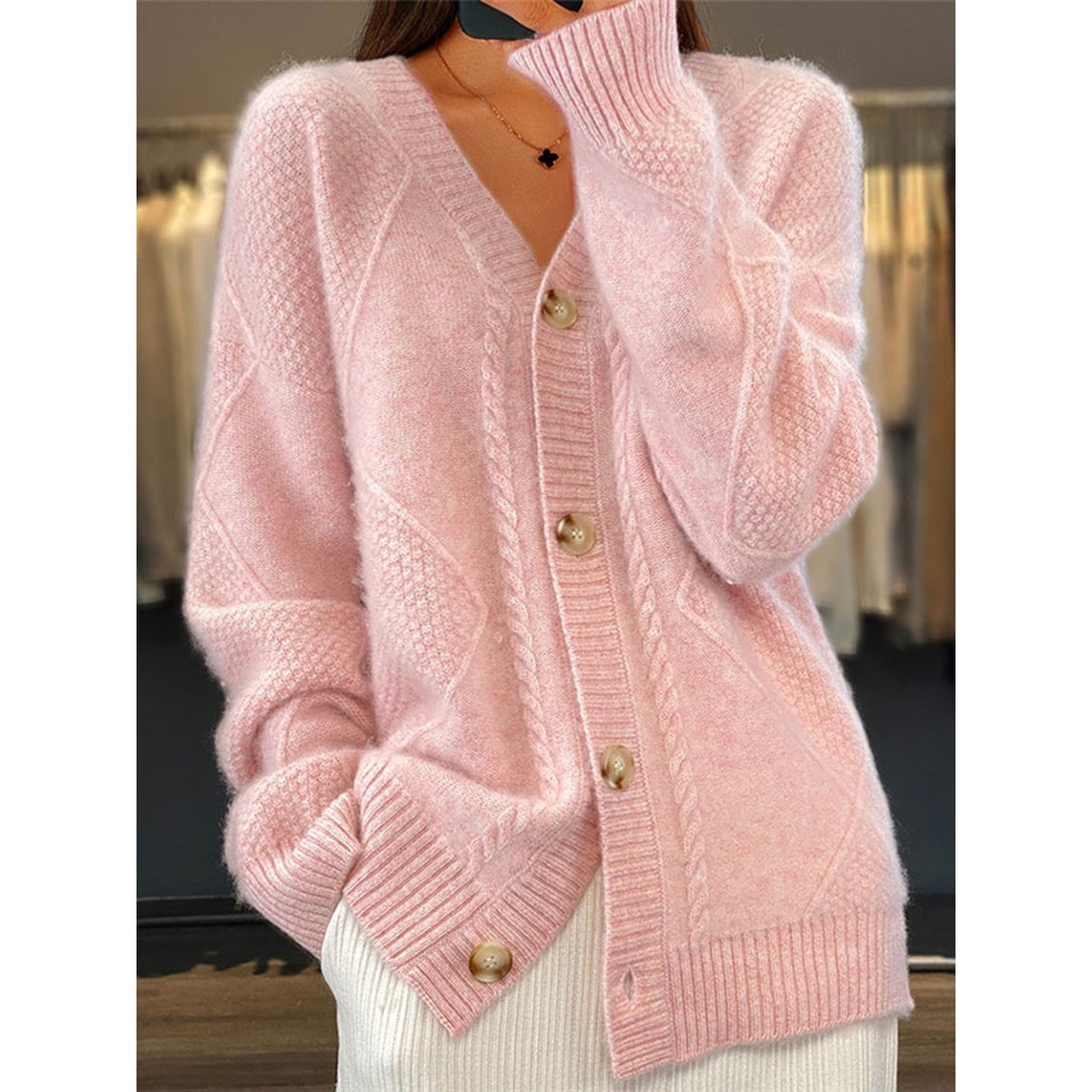 Kiera | V-Neck Cardigan Sweater for Women - Cable Knit - Pink