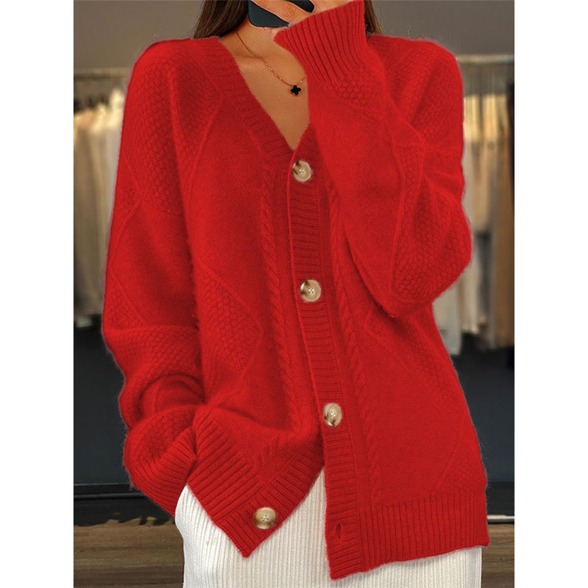 Kiera | V-Neck Cardigan Sweater for Women - Cable Knit - Red