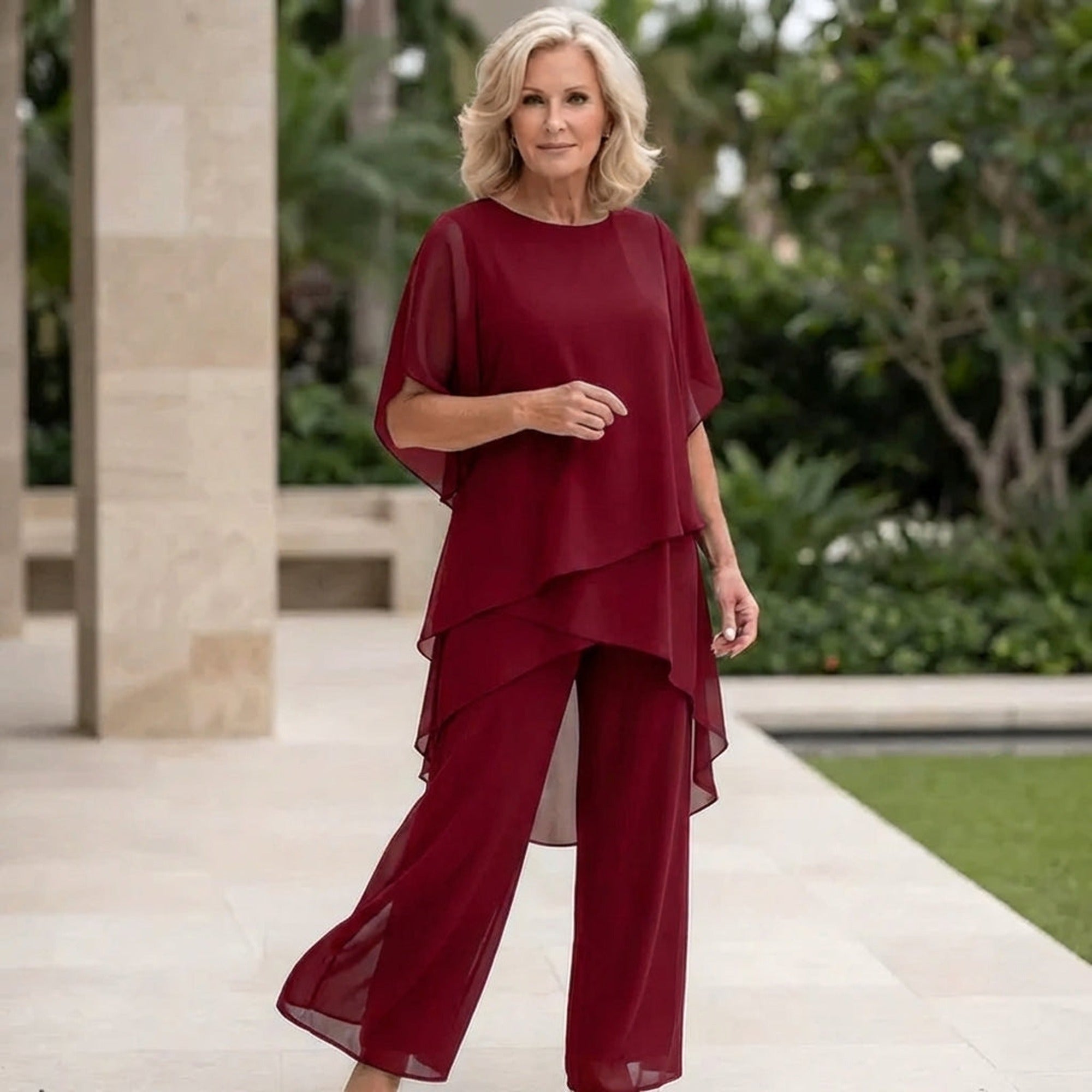Sofia | Elegant Draped Palazzo Pants Set - Red
