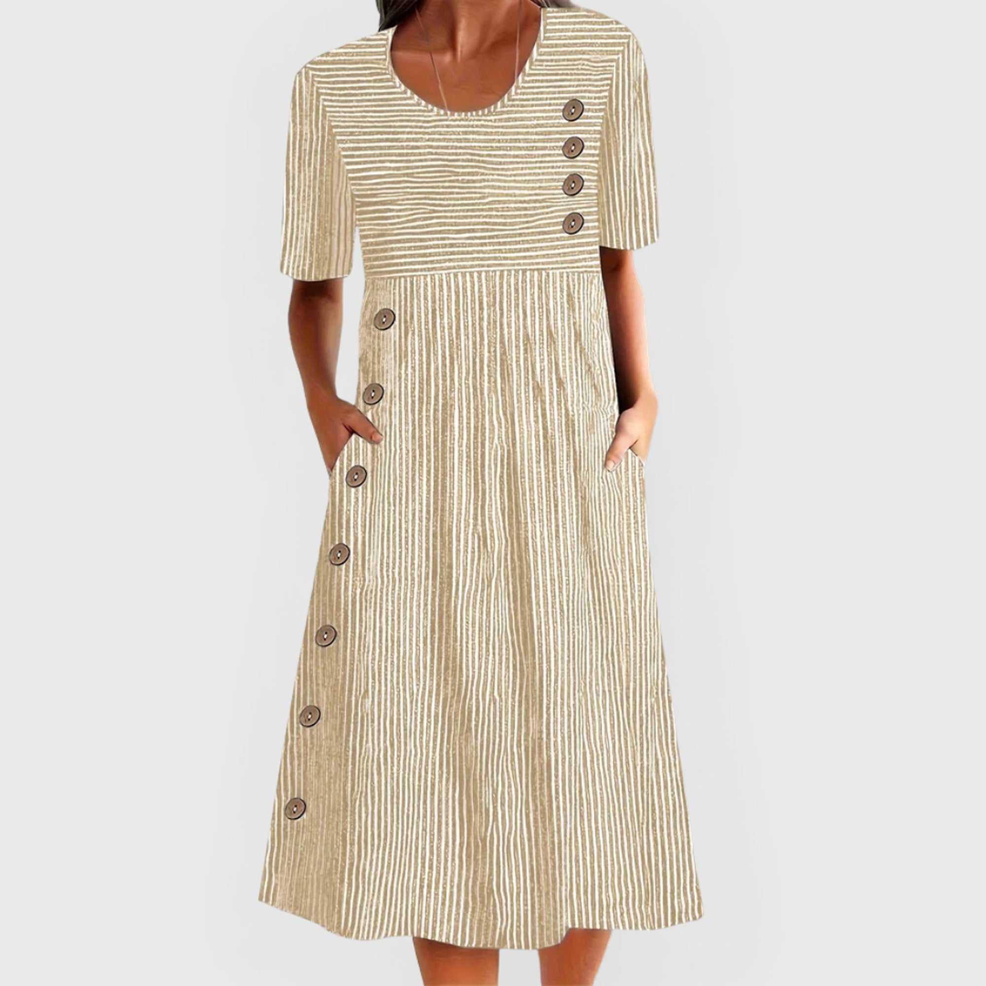 Erin | Wanda Striped Midi Dress - Beige