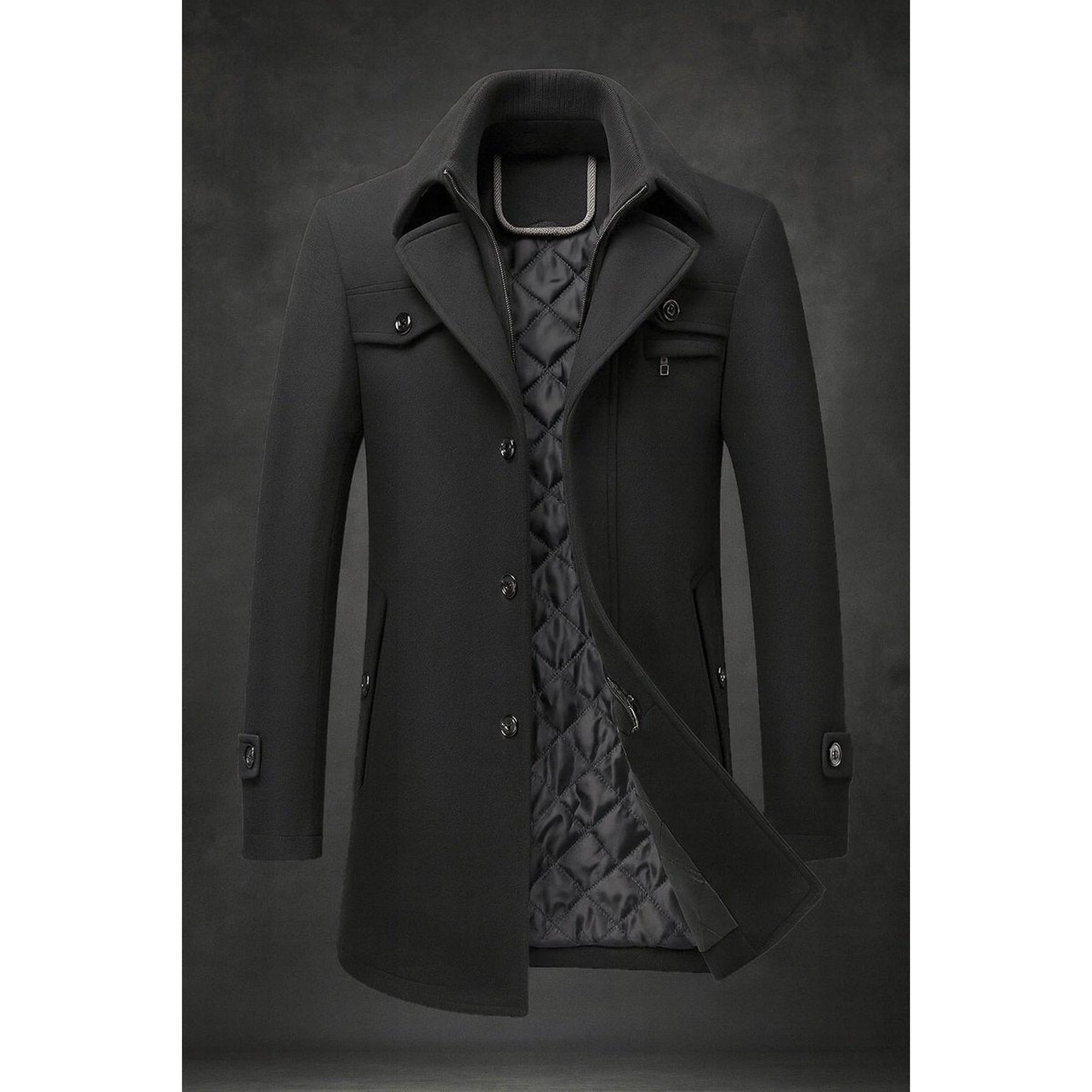 Finn | Men's Wool Coat Double-Collar Quilted-Lined Overcoat - Black