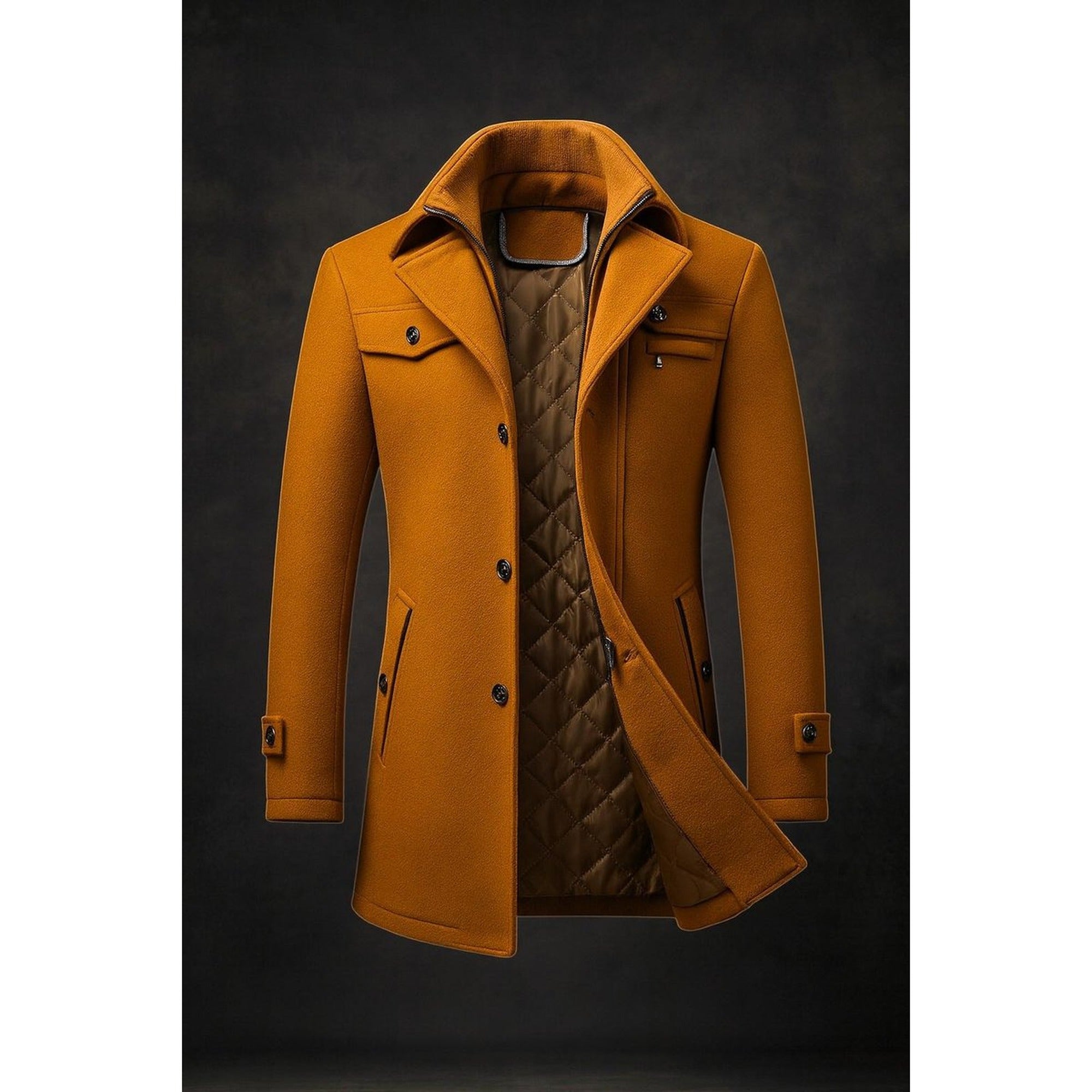 Finn | Men's Wool Coat Double-Collar Quilted-Lined Overcoat - Brown