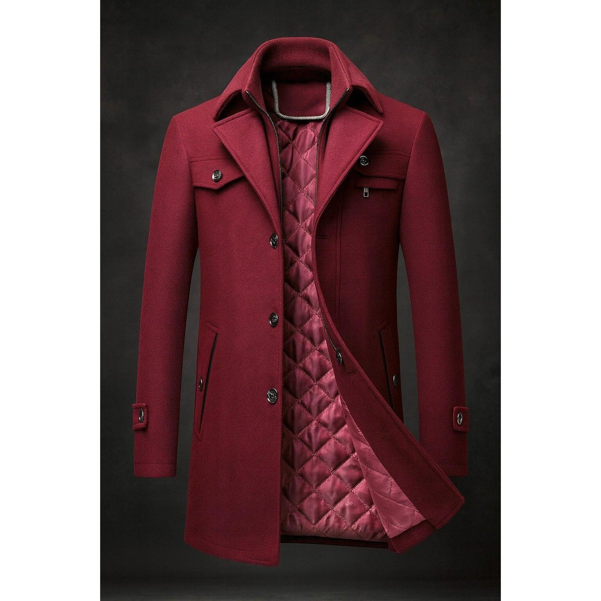 Finn | Men's Wool Coat Double-Collar Quilted-Lined Overcoat - Burgundy