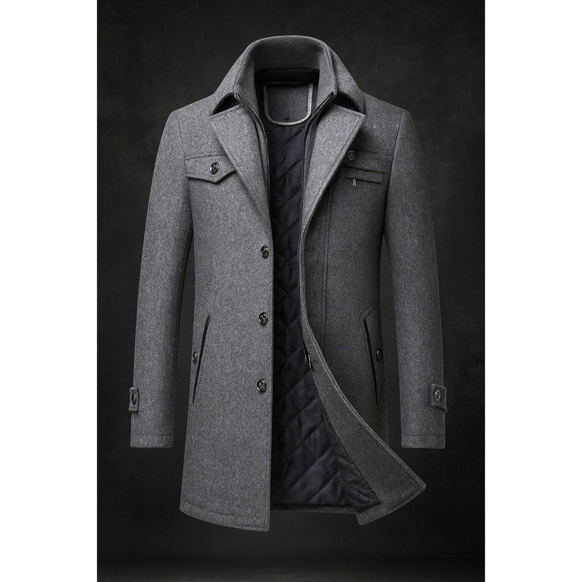 Finn | Men's Wool Coat Double-Collar Quilted-Lined Overcoat - Gray
