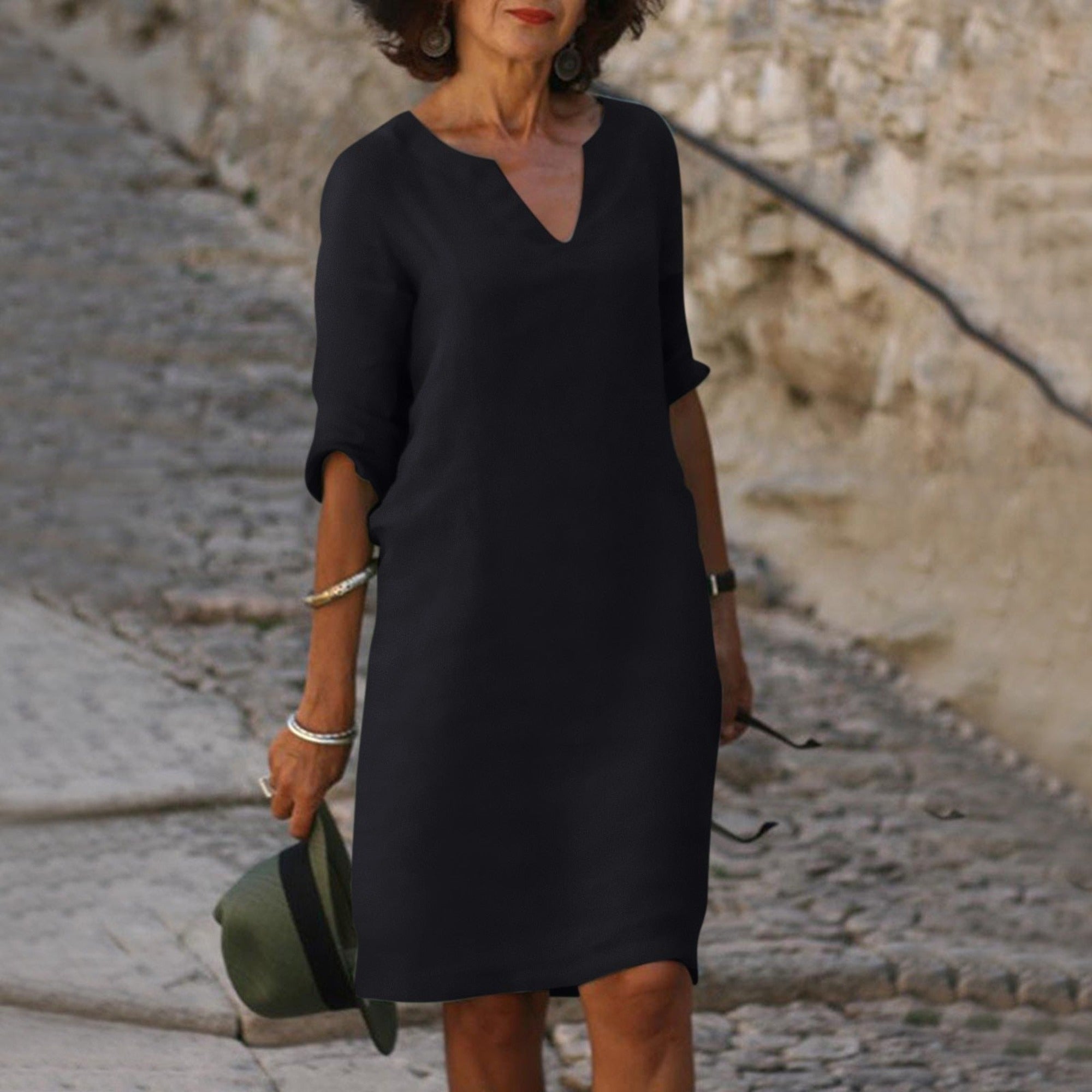 Hazel | Women's 3/4 Sleeve Shift Midi Dress - Black