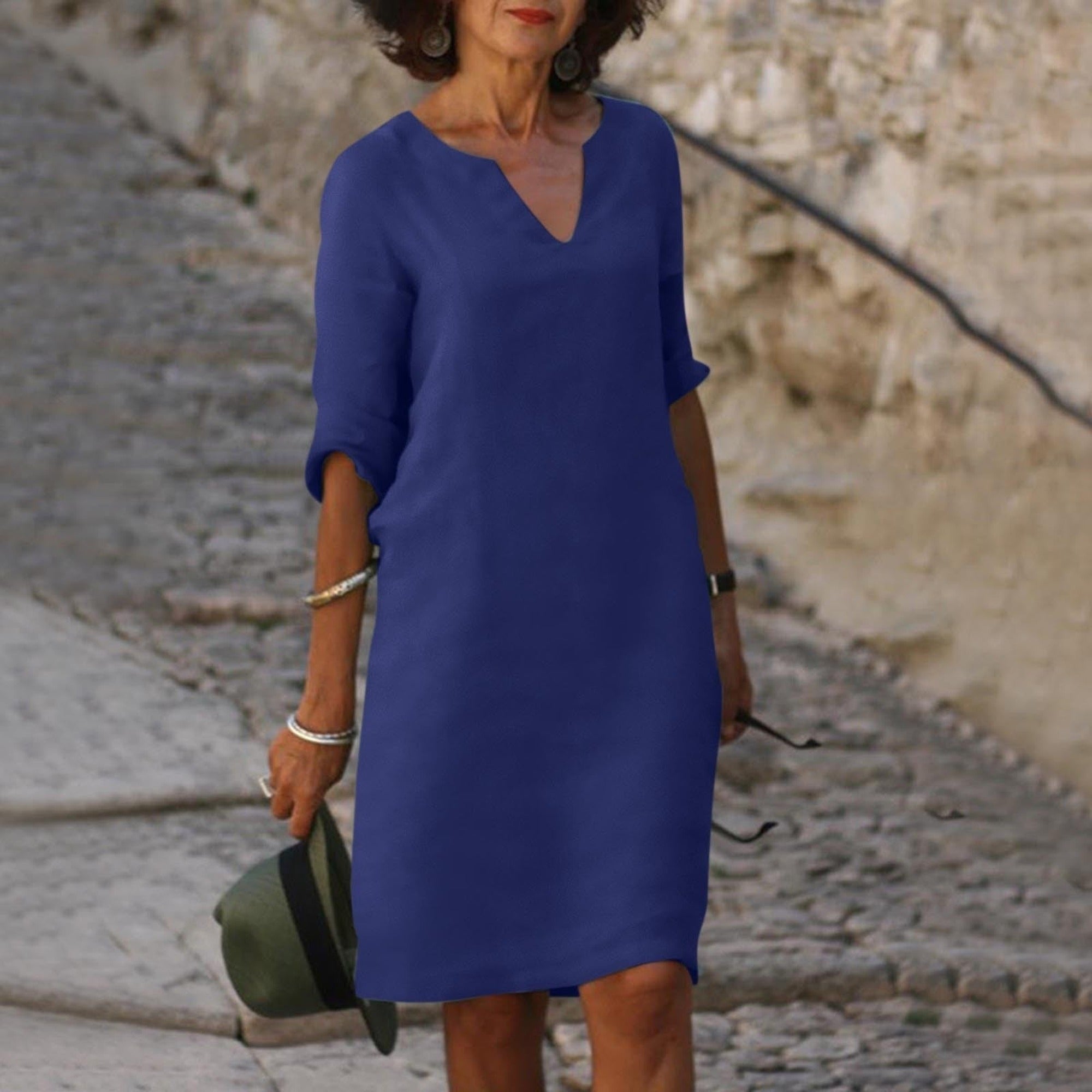 Hazel | Women's 3/4 Sleeve Shift Midi Dress - Dark Blue