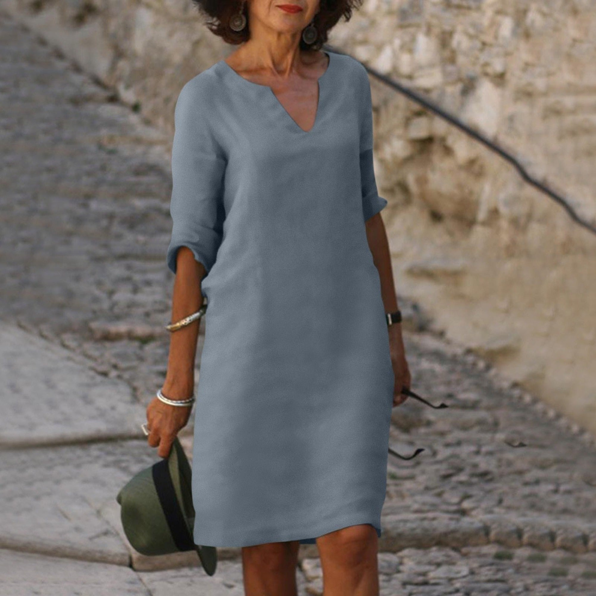 Hazel | Women's 3/4 Sleeve Shift Midi Dress - Grey