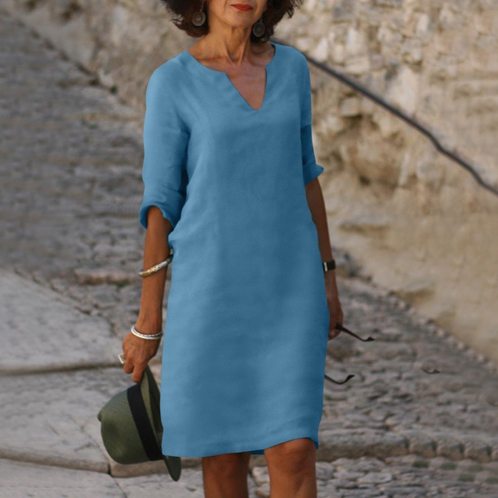Hazel | Women's 3/4 Sleeve Shift Midi Dress - Light Blue