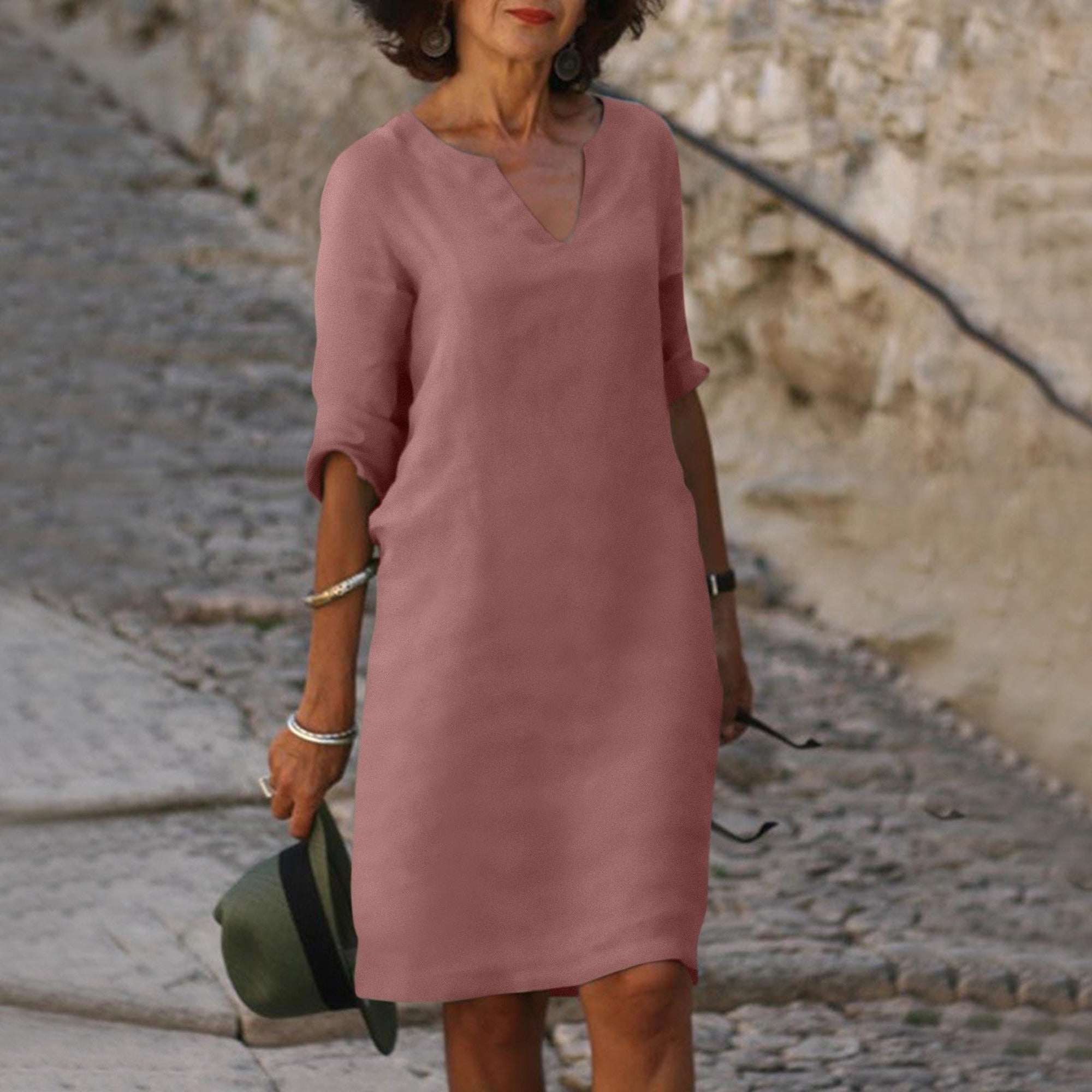 Hazel | Women's 3/4 Sleeve Shift Midi Dress - Pink