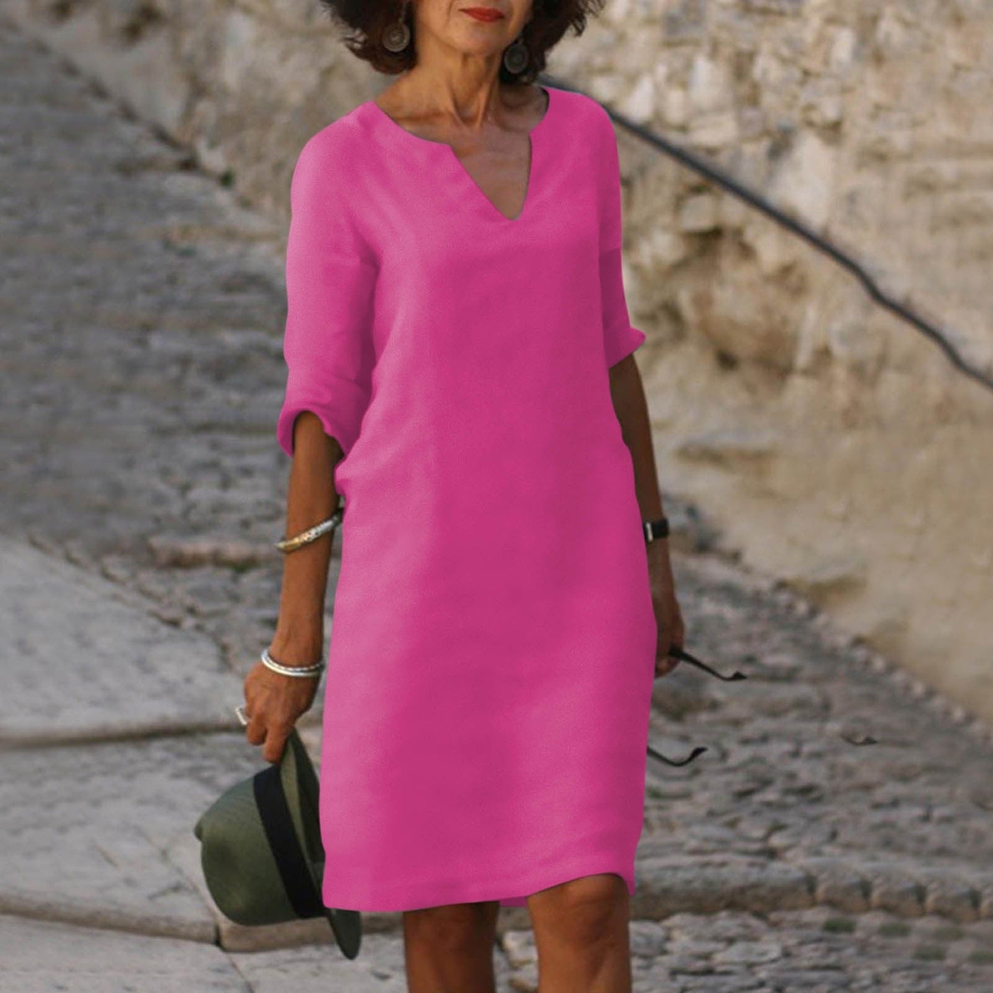 Hazel | Women's 3/4 Sleeve Shift Midi Dress - Purple
