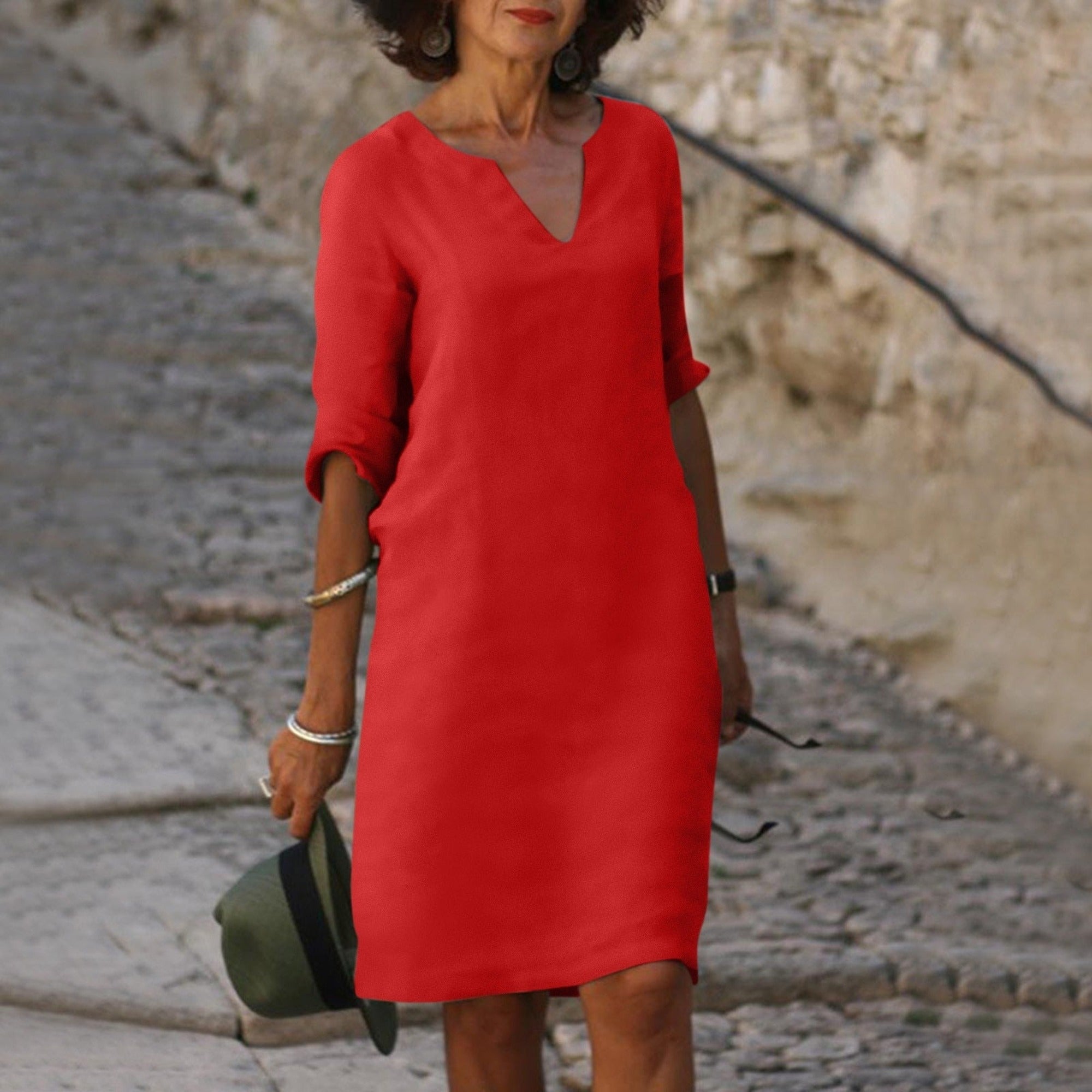 Hazel | Women's 3/4 Sleeve Shift Midi Dress - Red