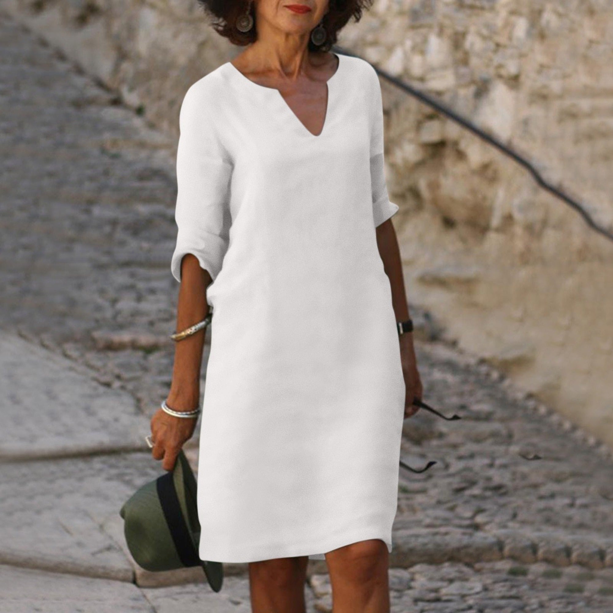 Hazel | Women's 3/4 Sleeve Shift Midi Dress - White