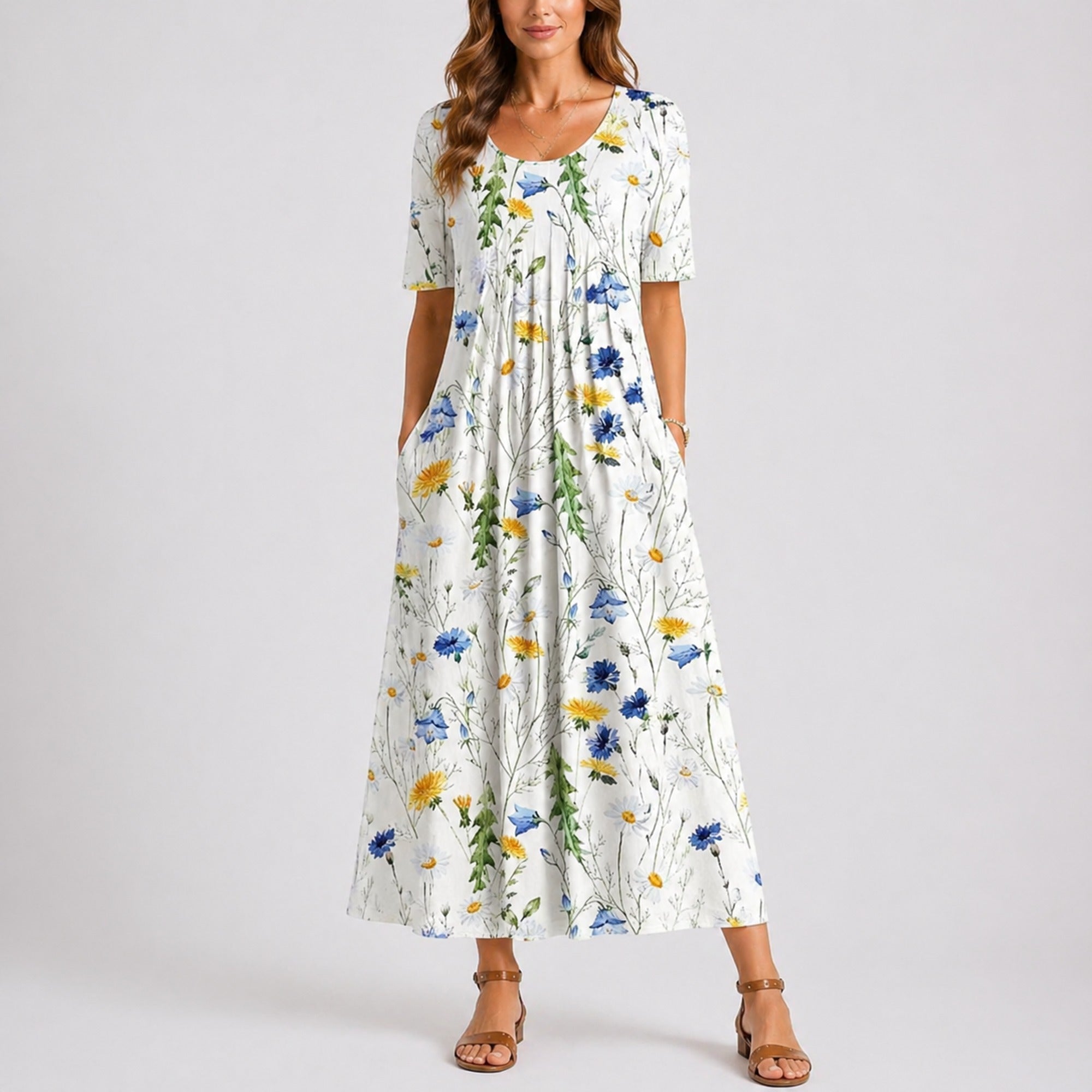 Rosa | Women’s Casual Floral Midi Dress - Floral White
