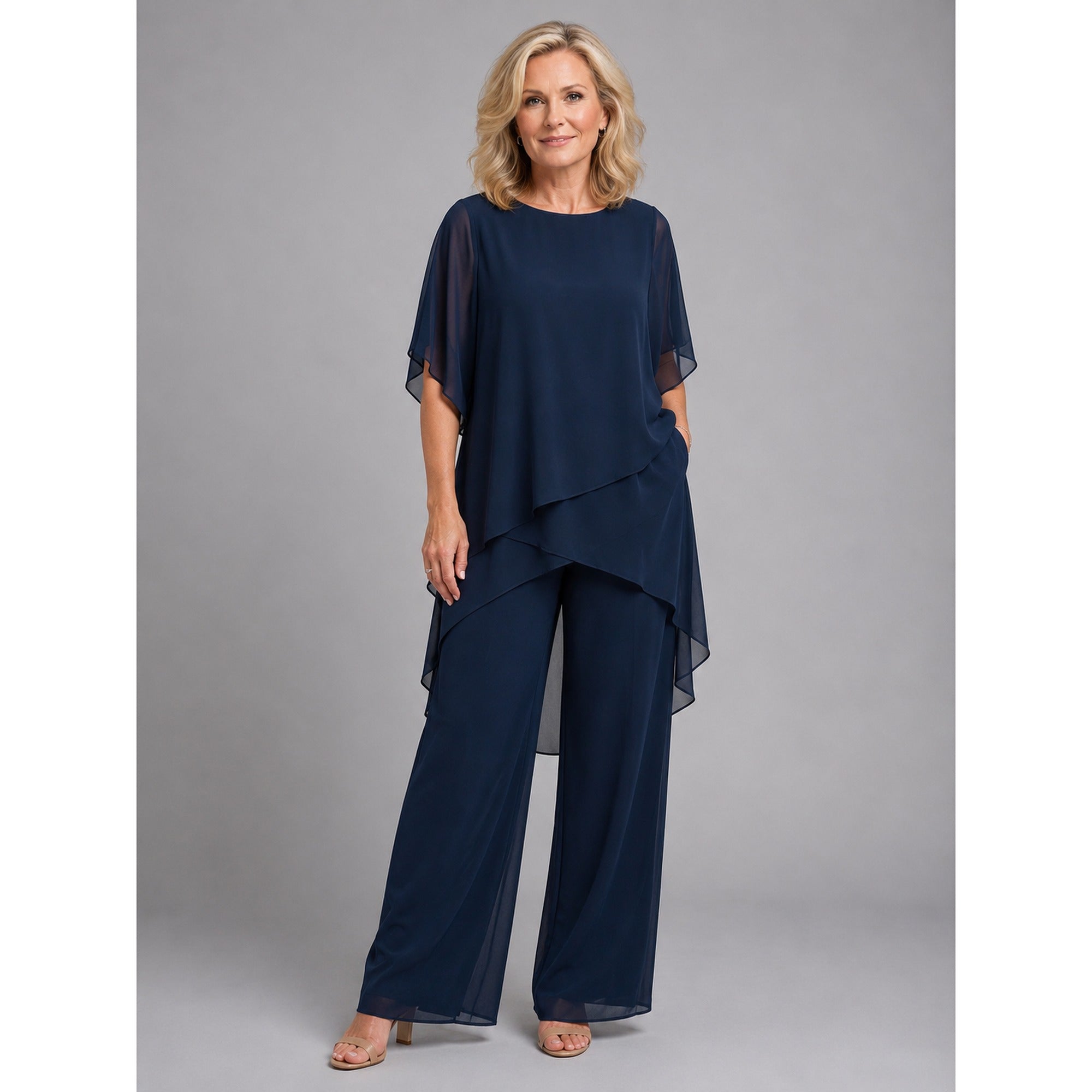 Sofia | Women's Chiffon Two-Piece Set Wide Leg - Navy Blue