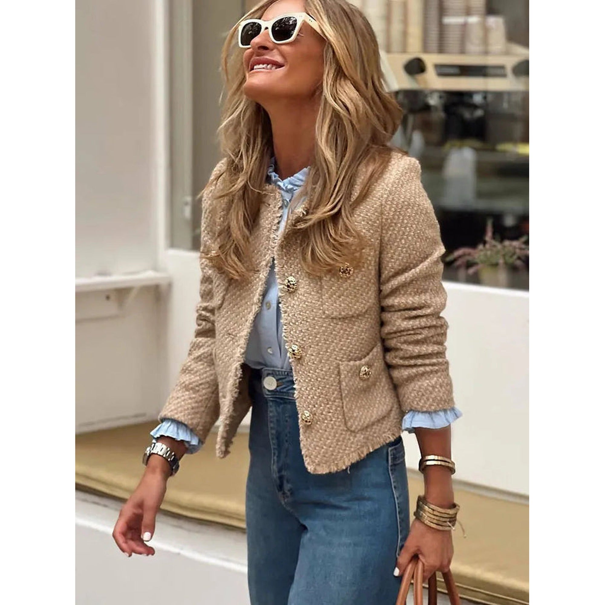 Delia | Women’s Cropped Tweed Blazer Jacket - Khaki