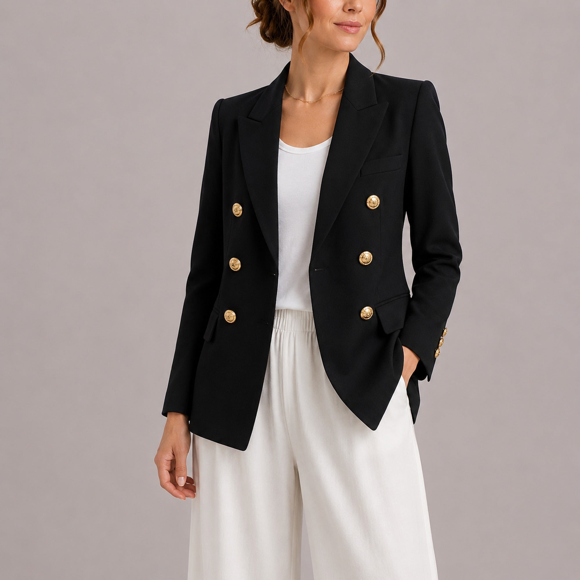 Alma | Women's Elegant Double-Breasted Blazer with Gold Buttons – Timeless Tailored Jacket - Black
