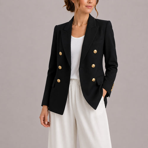 Alma | Women's Elegant Double-Breasted Blazer with Gold Buttons – Timeless Tailored Jacket - Black