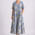 Maya | Women's Floral Midi Dress with V-Neck and Short Sleeves - Blue