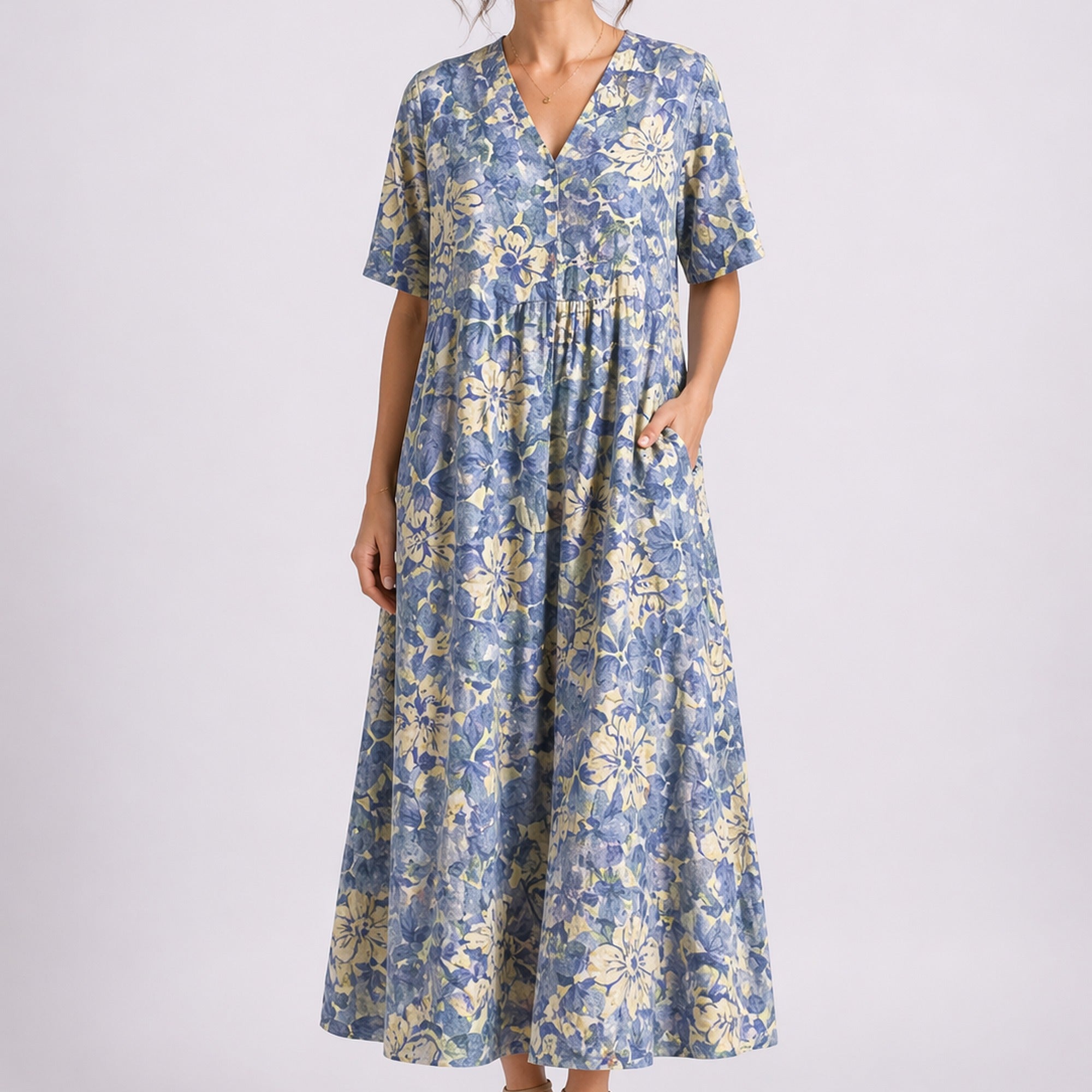 Maya | Women's Floral Midi Dress with V-Neck and Short Sleeves - Blue