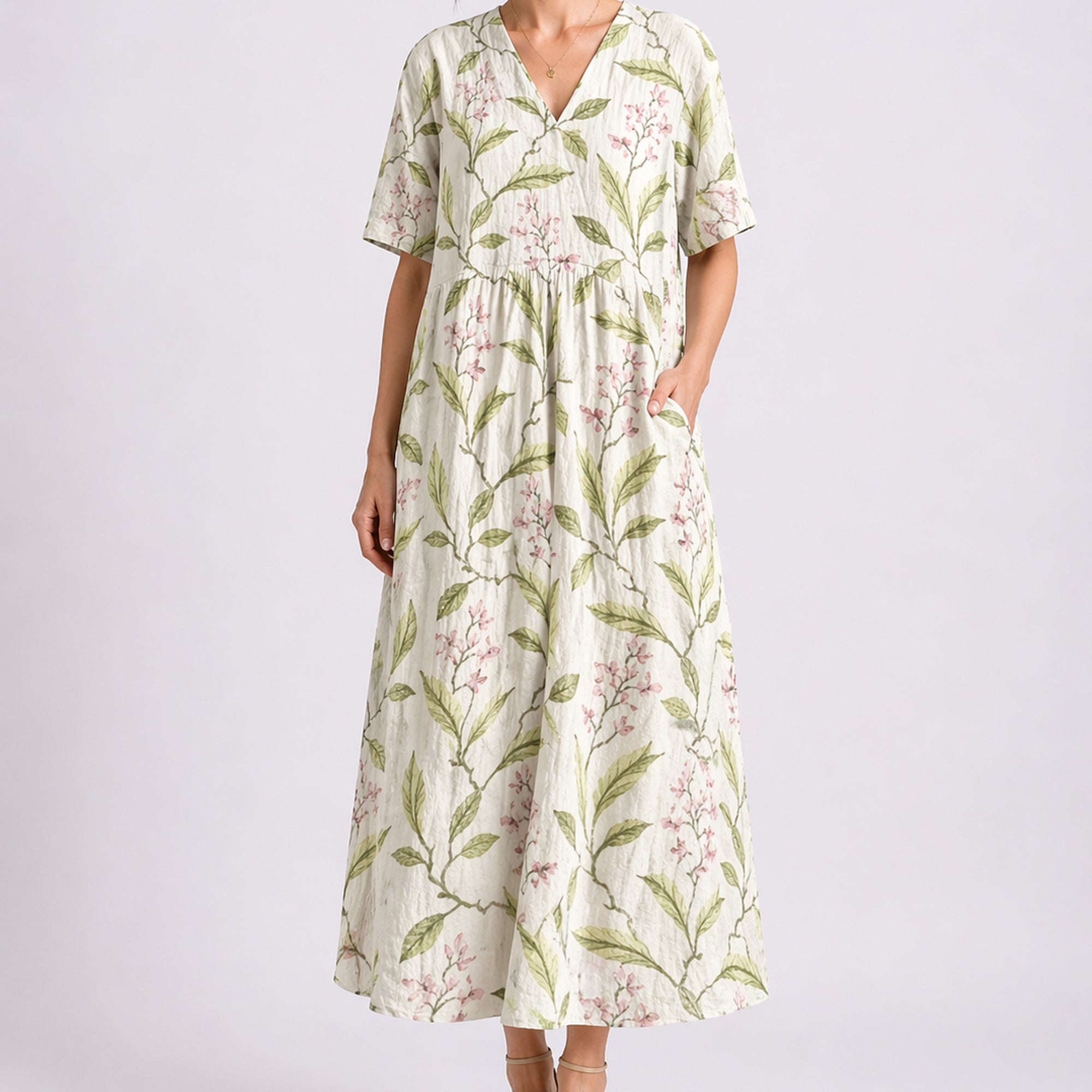 Maya | Women's Floral Midi Dress with V-Neck and Short Sleeves - Floral White