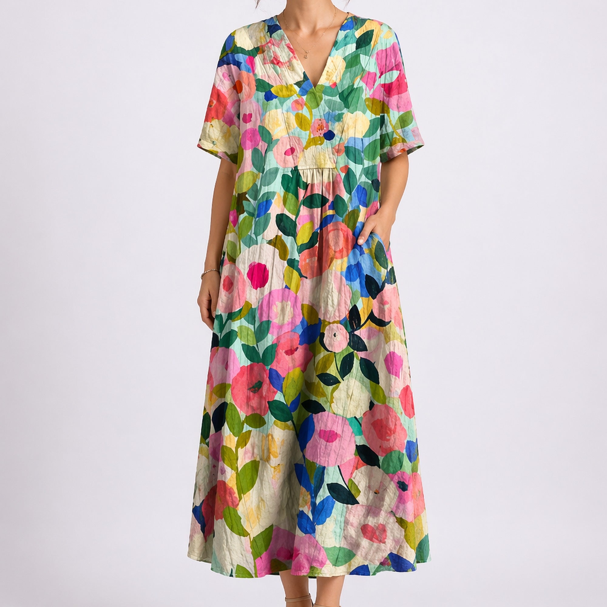 Maya | Women's Floral Midi Dress with V-Neck and Short Sleeves - Floral