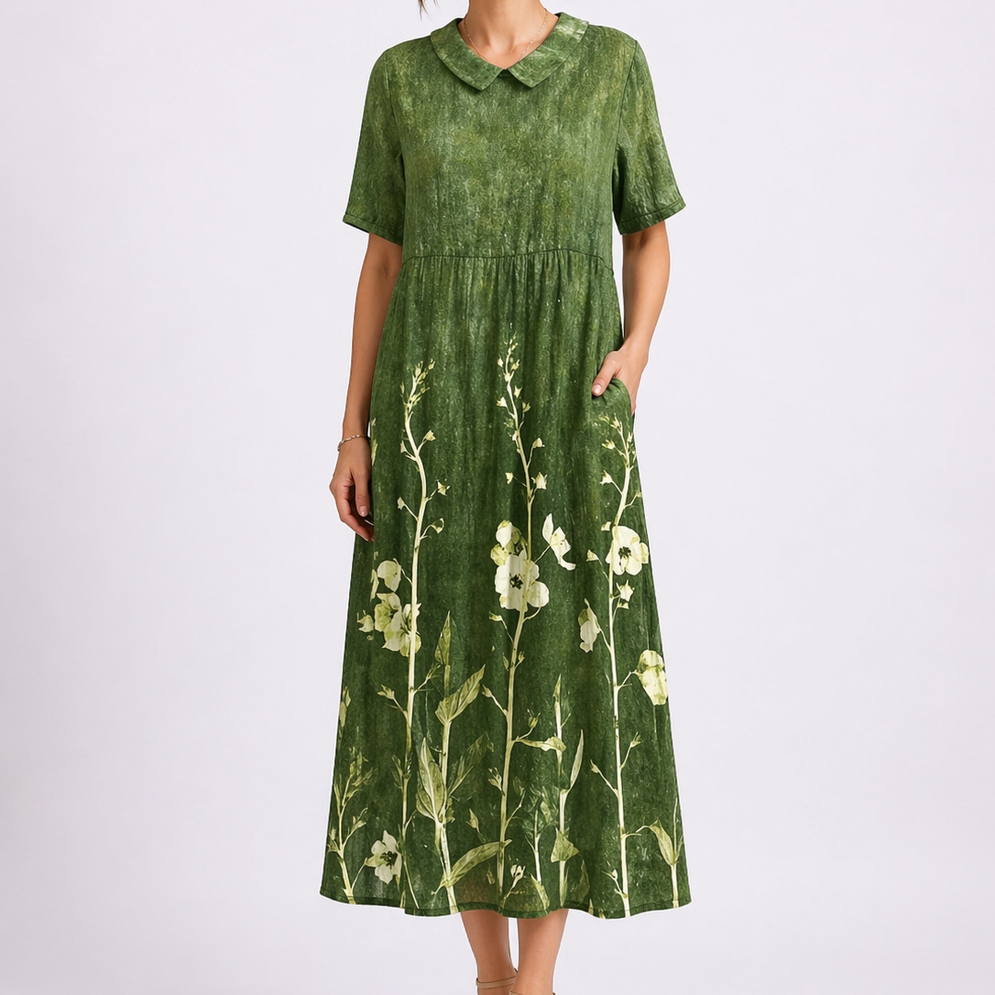 Maya | Women's Floral Midi Dress with V-Neck and Short Sleeves - Green
