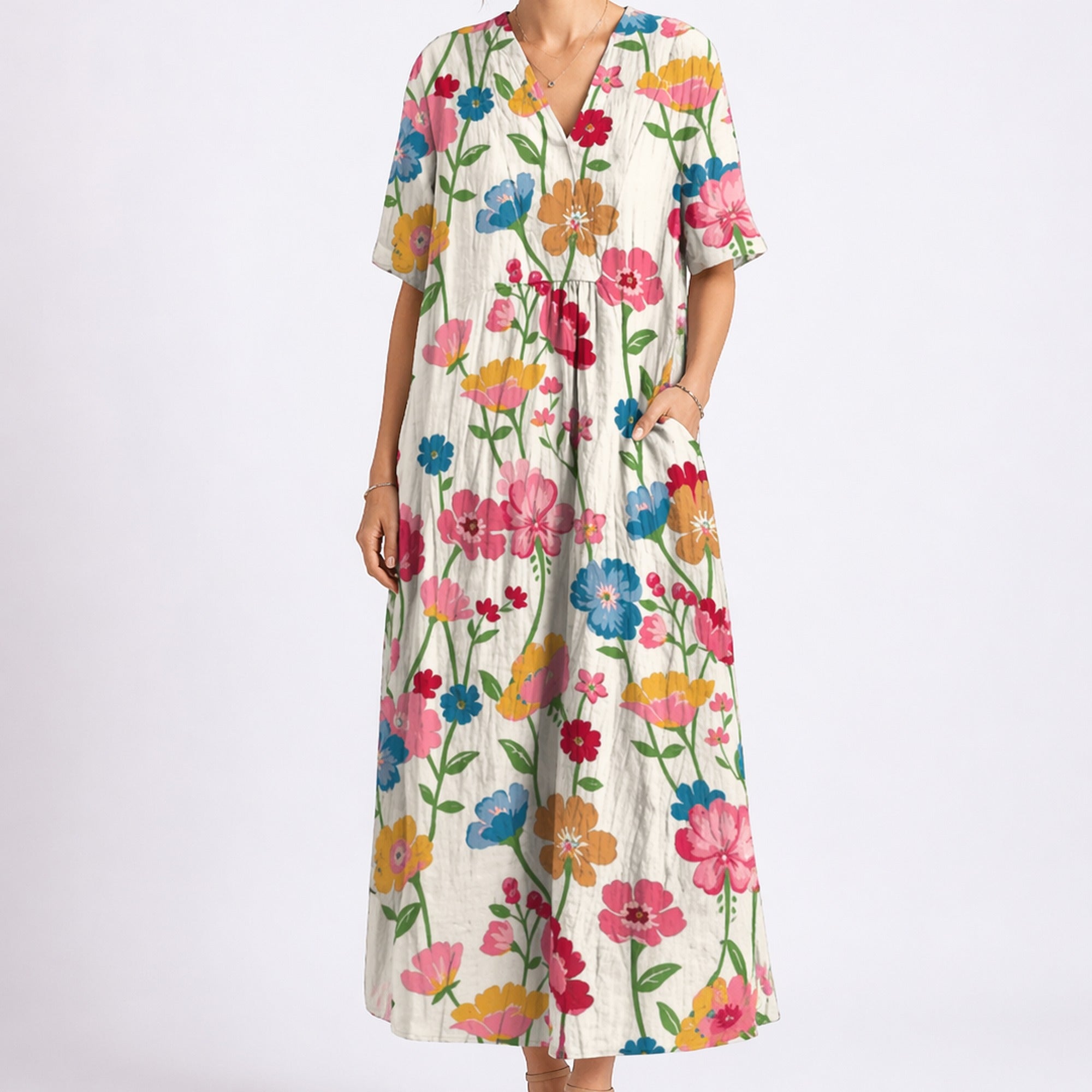 Maya | Women's Floral Midi Dress with V-Neck and Short Sleeves - Multicolor