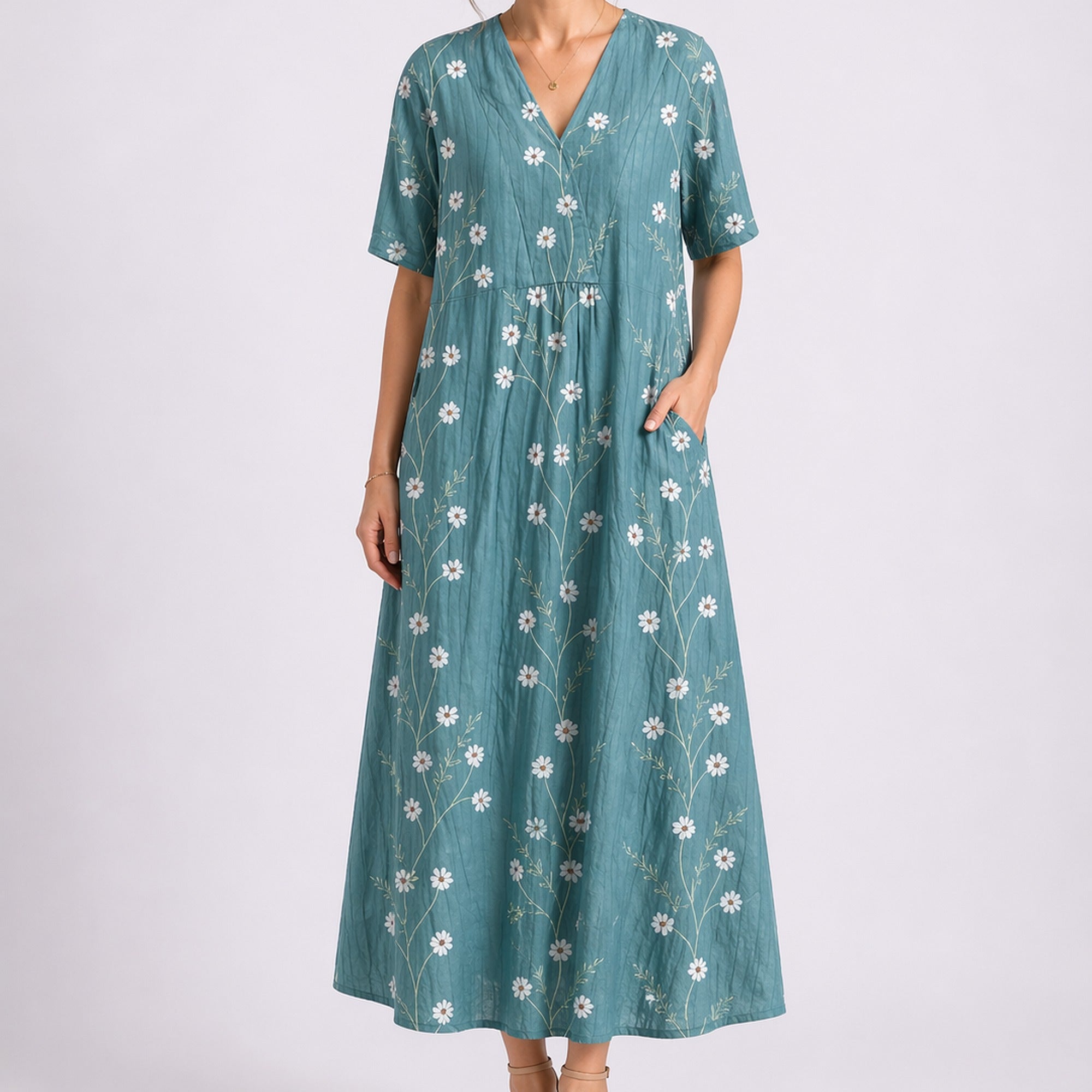 Maya | Women's Floral Midi Dress with V-Neck and Short Sleeves - Turquoise
