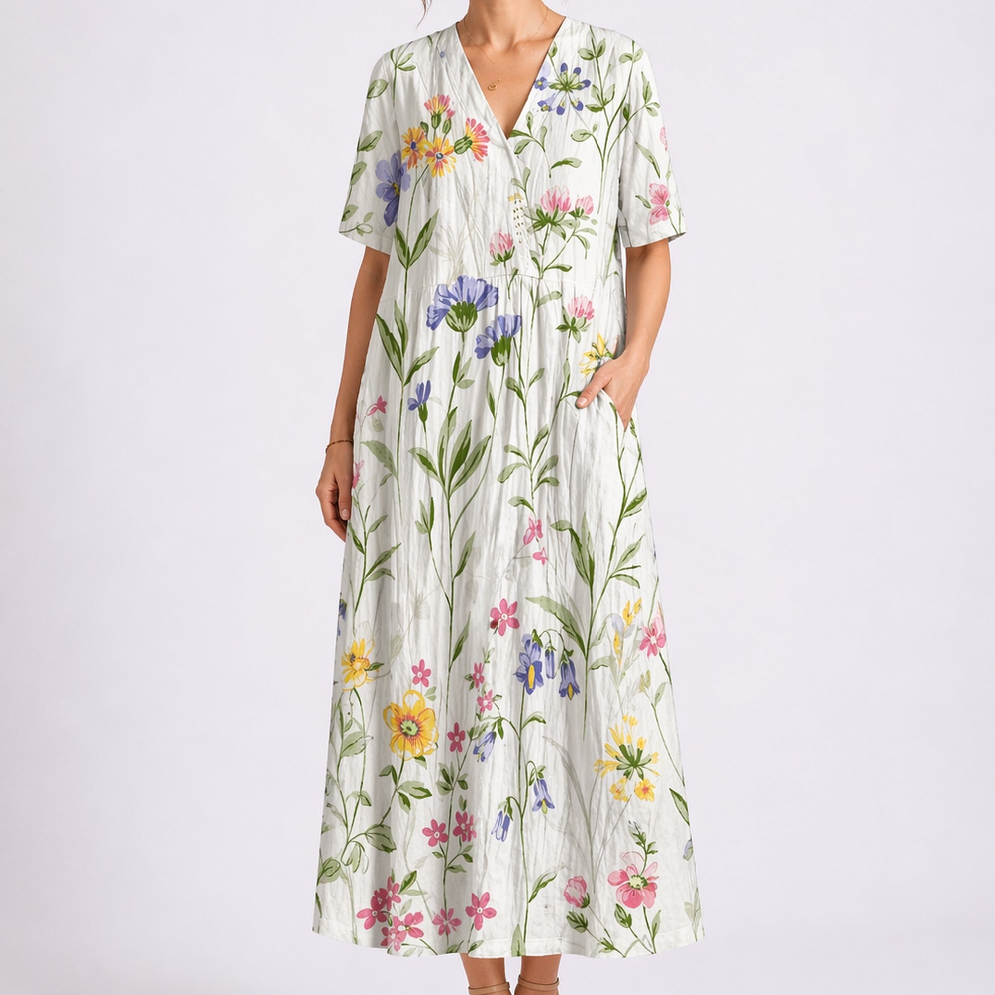 Maya | Women's Floral Midi Dress with V-Neck and Short Sleeves - White