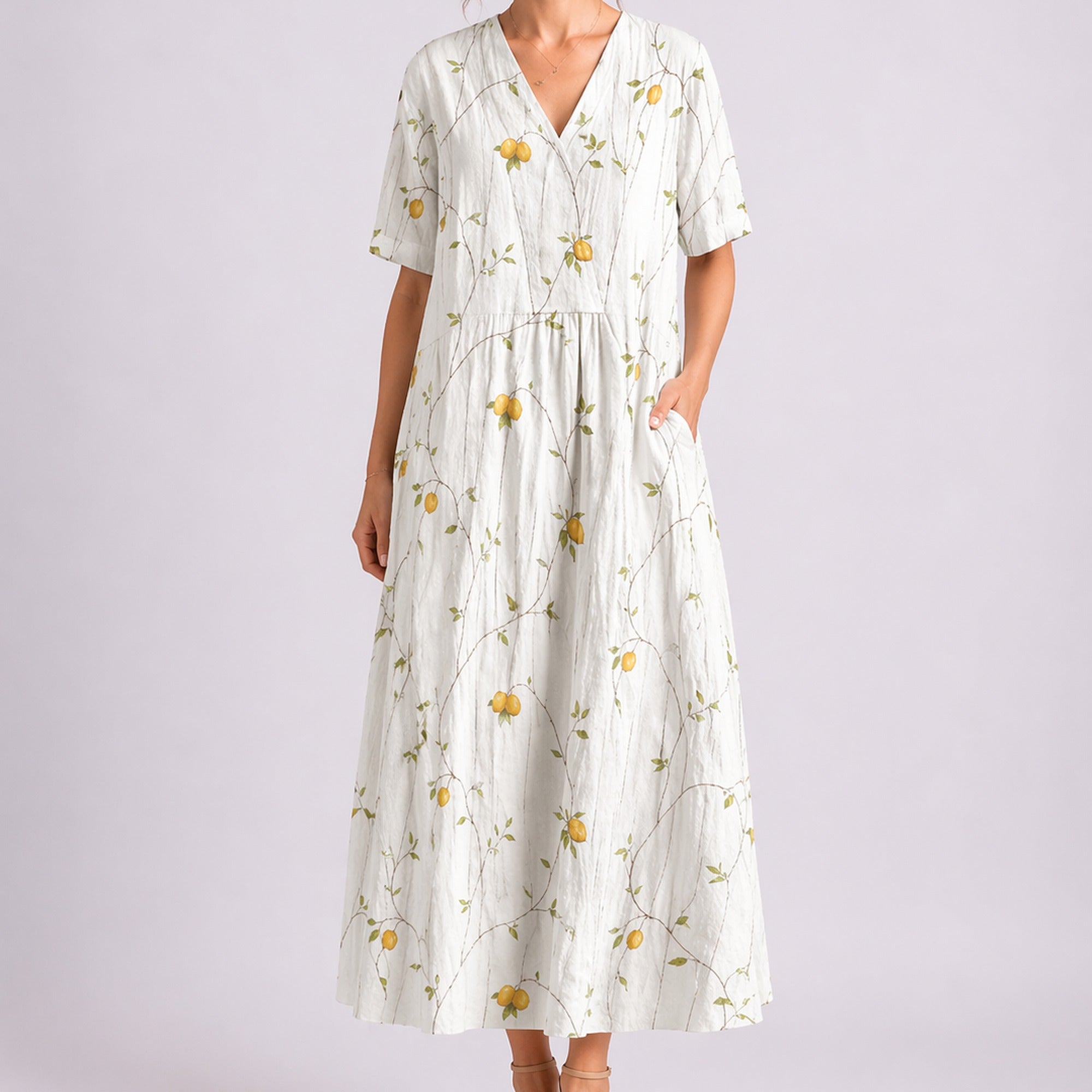 Maya | Women's Floral Midi Dress with V-Neck and Short Sleeves - Yellow & White
