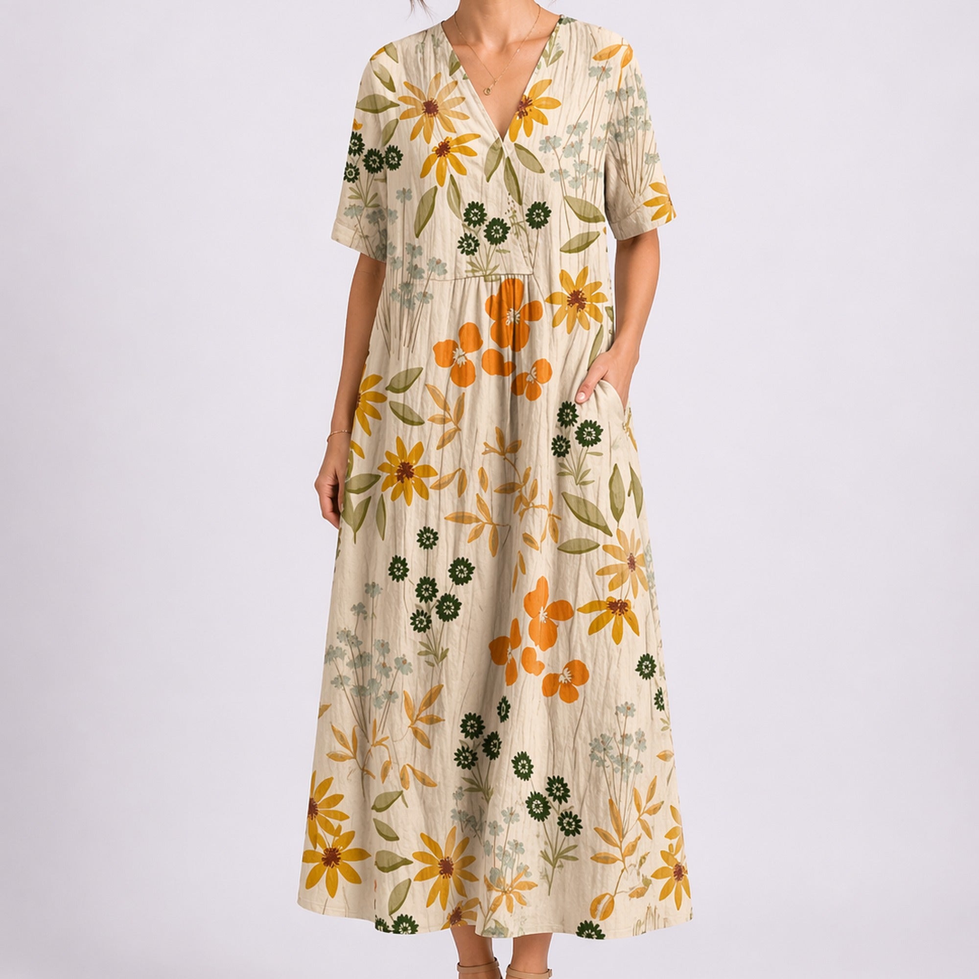 Maya | Women's Floral Midi Dress with V-Neck and Short Sleeves - Yellow