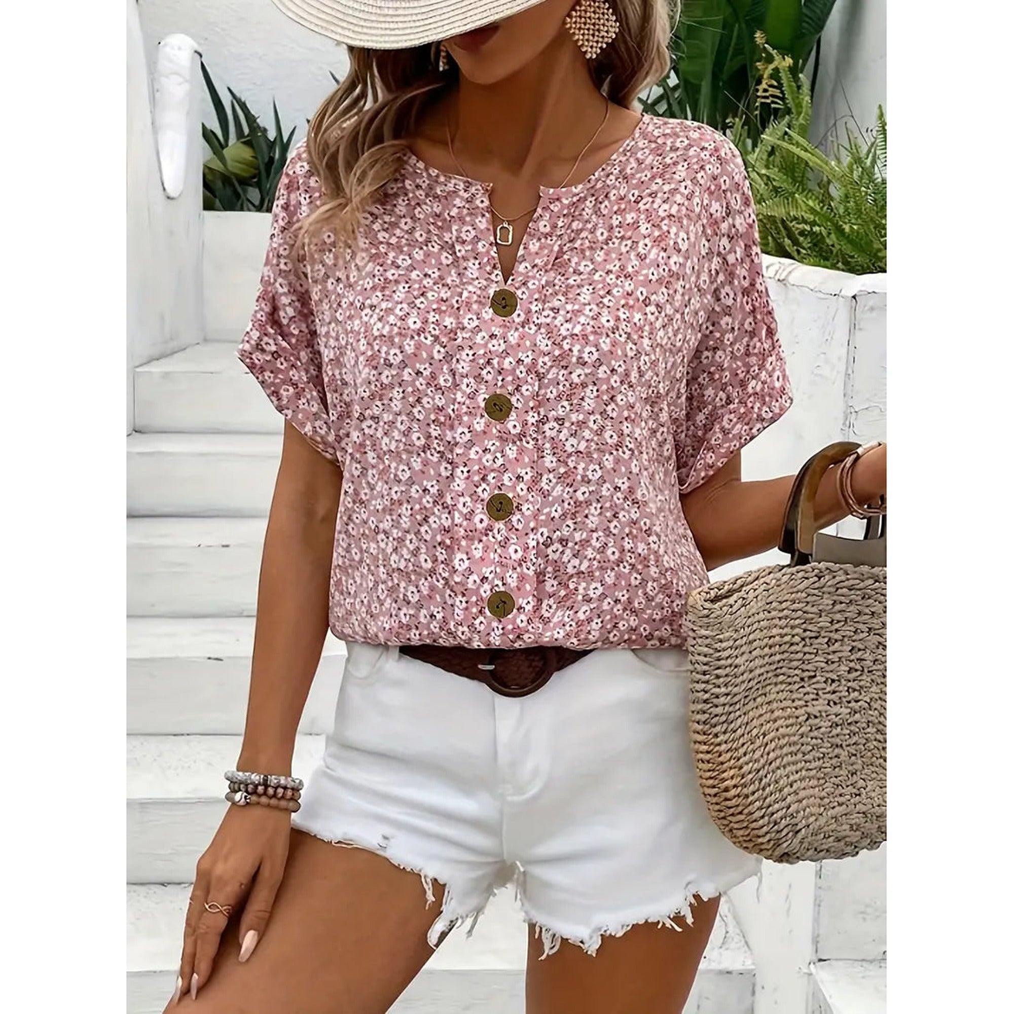 Marina | Women's Floral Print Button-Down Blouse - Pink