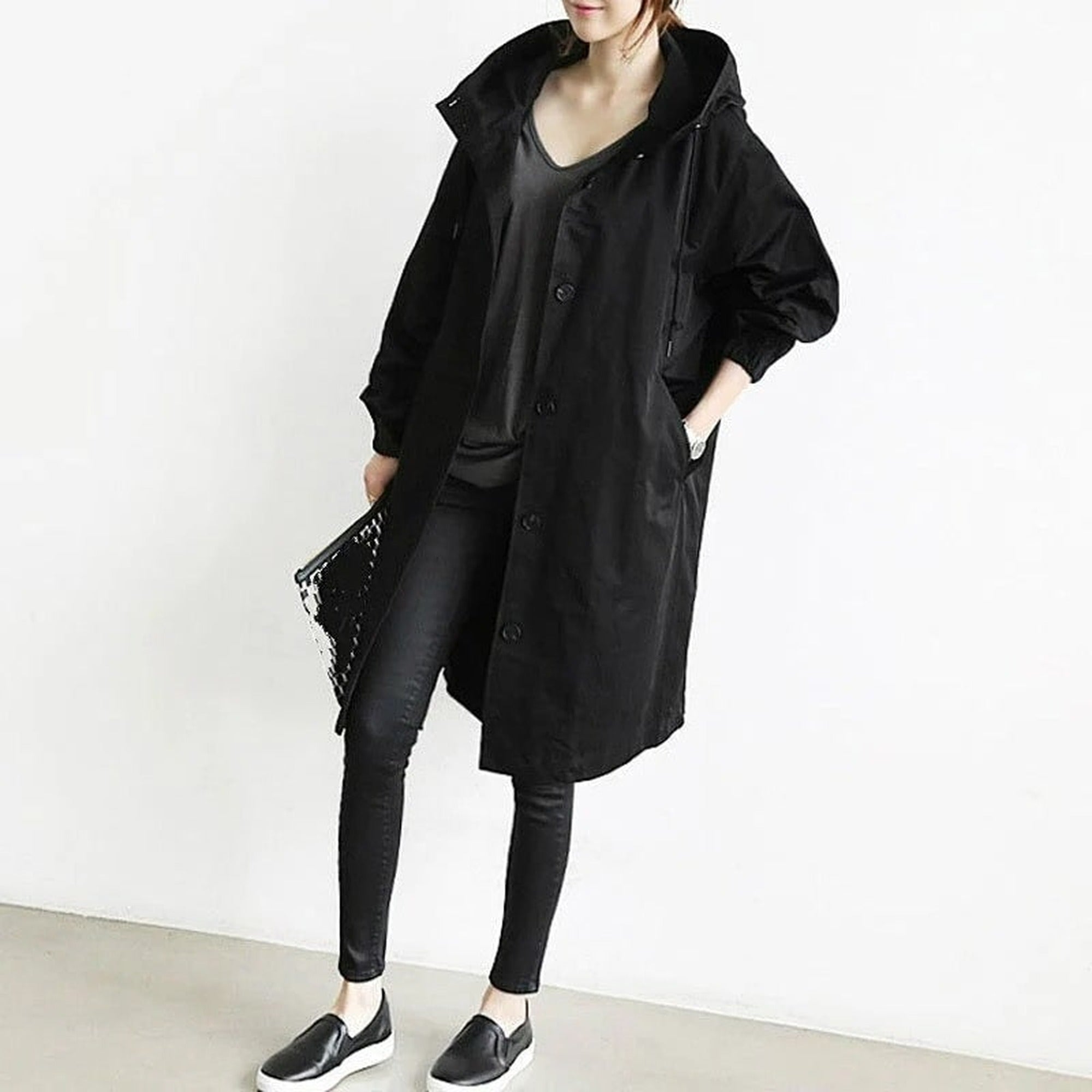 Greta | Women's Hooded Long Rain Jacket - Black