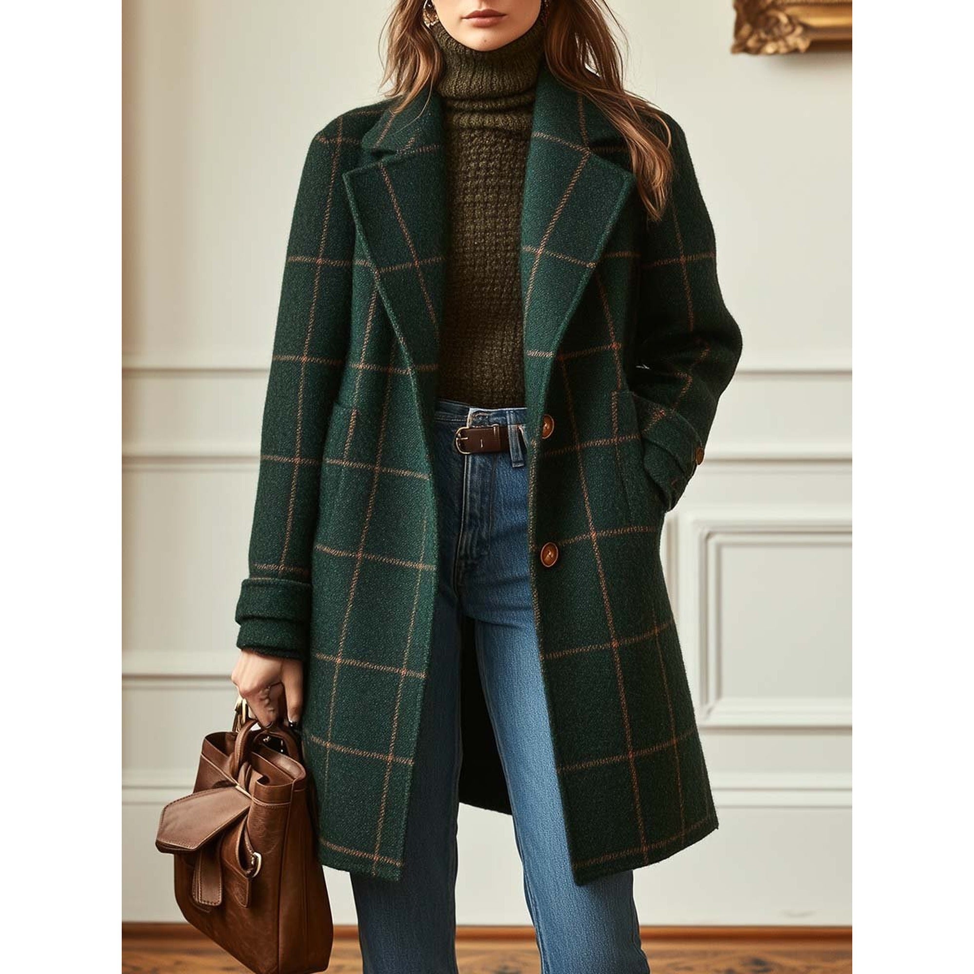 Beatrix | Women's Plaid Mid-Length Winter Coat - Dark Green