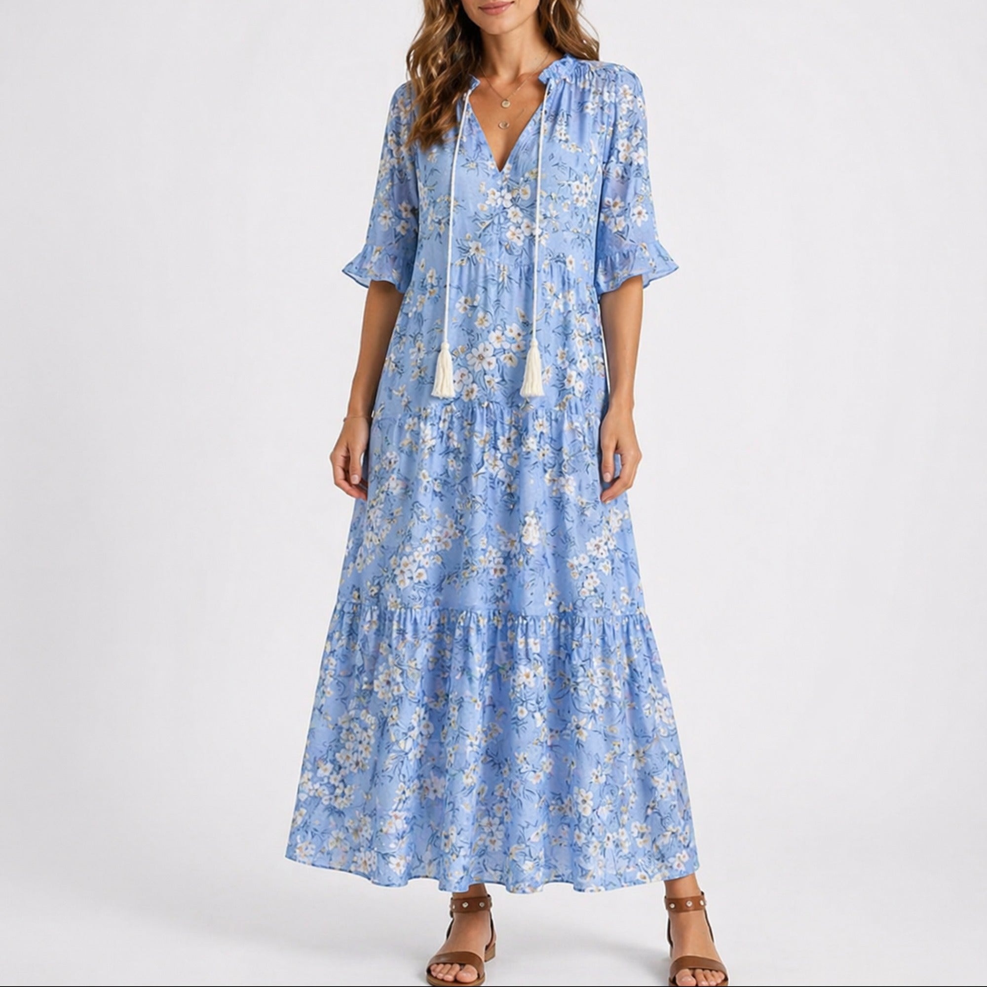 Talia | Women’s Summer Floral Midi Dress - Blue & White