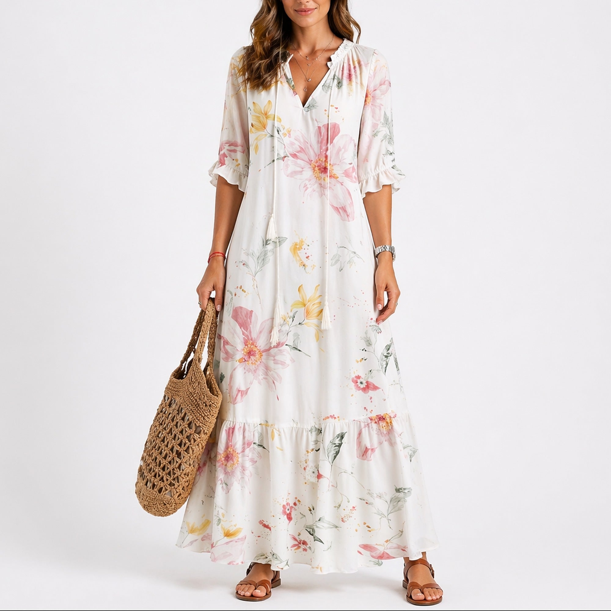 Talia | Women’s Summer Floral Midi Dress - White