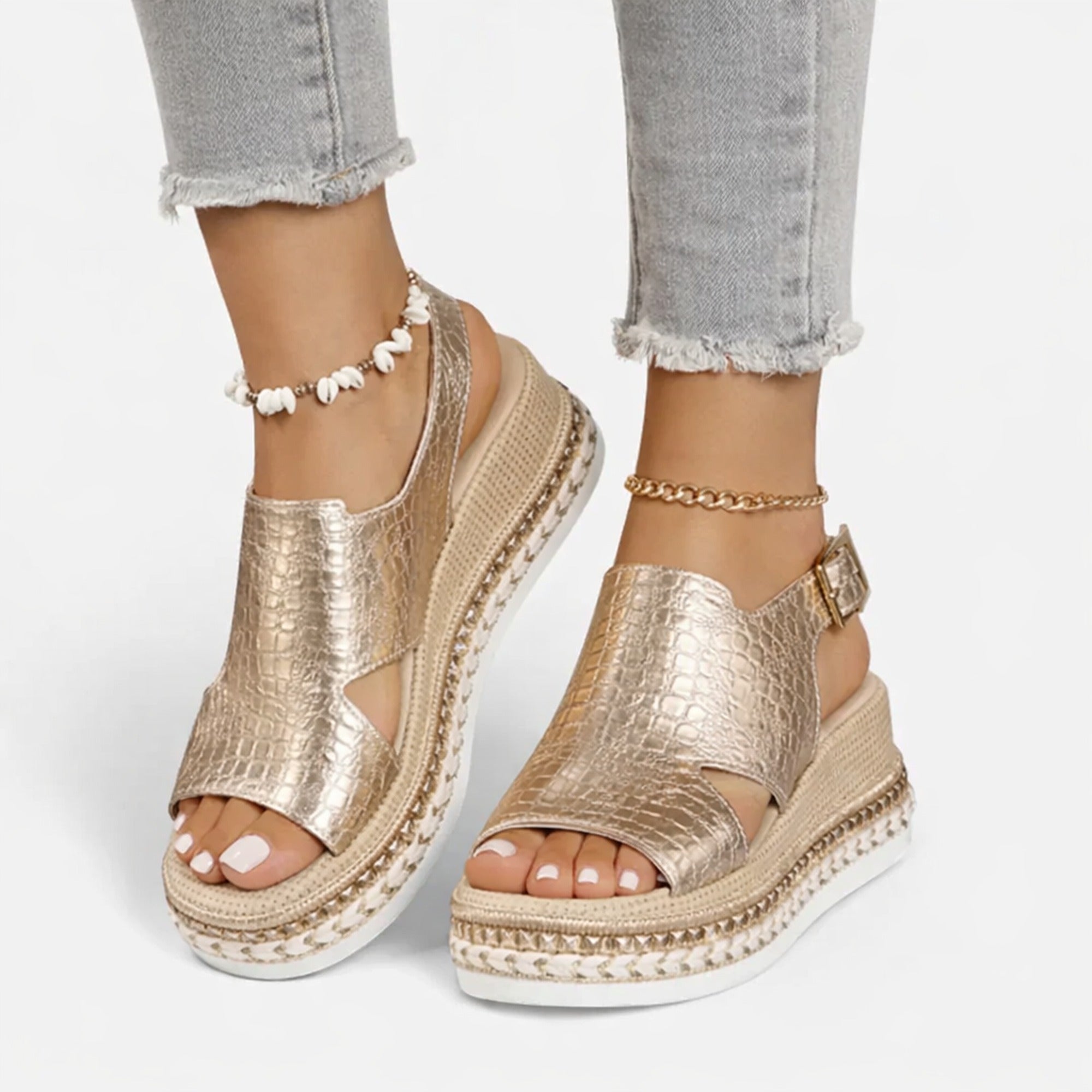 Vera | Women’s Summer Wedge Sandals – Supportive Comfort, Metallic Finish - Gold