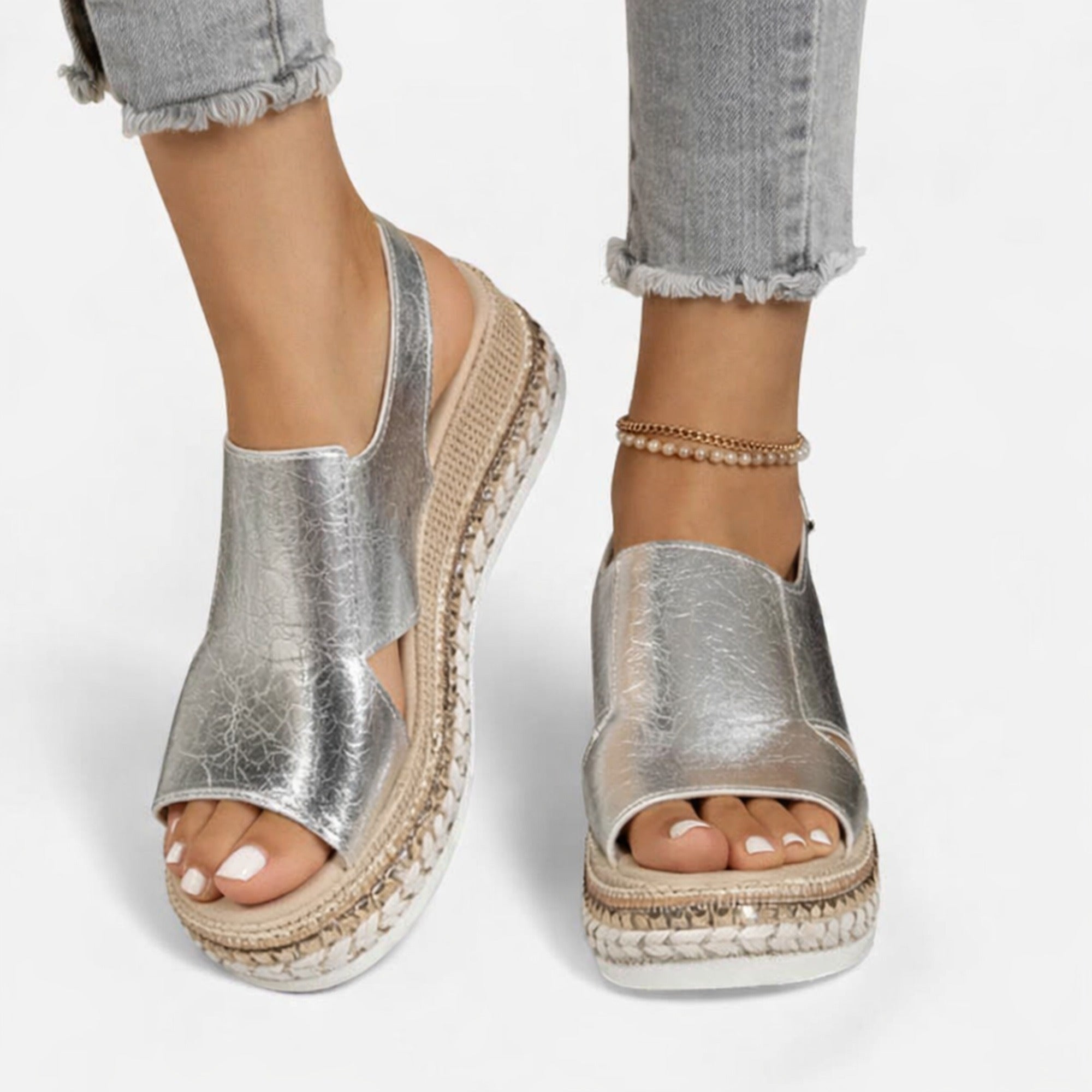 Vera | Women’s Summer Wedge Sandals – Supportive Comfort, Metallic Finish - Silver