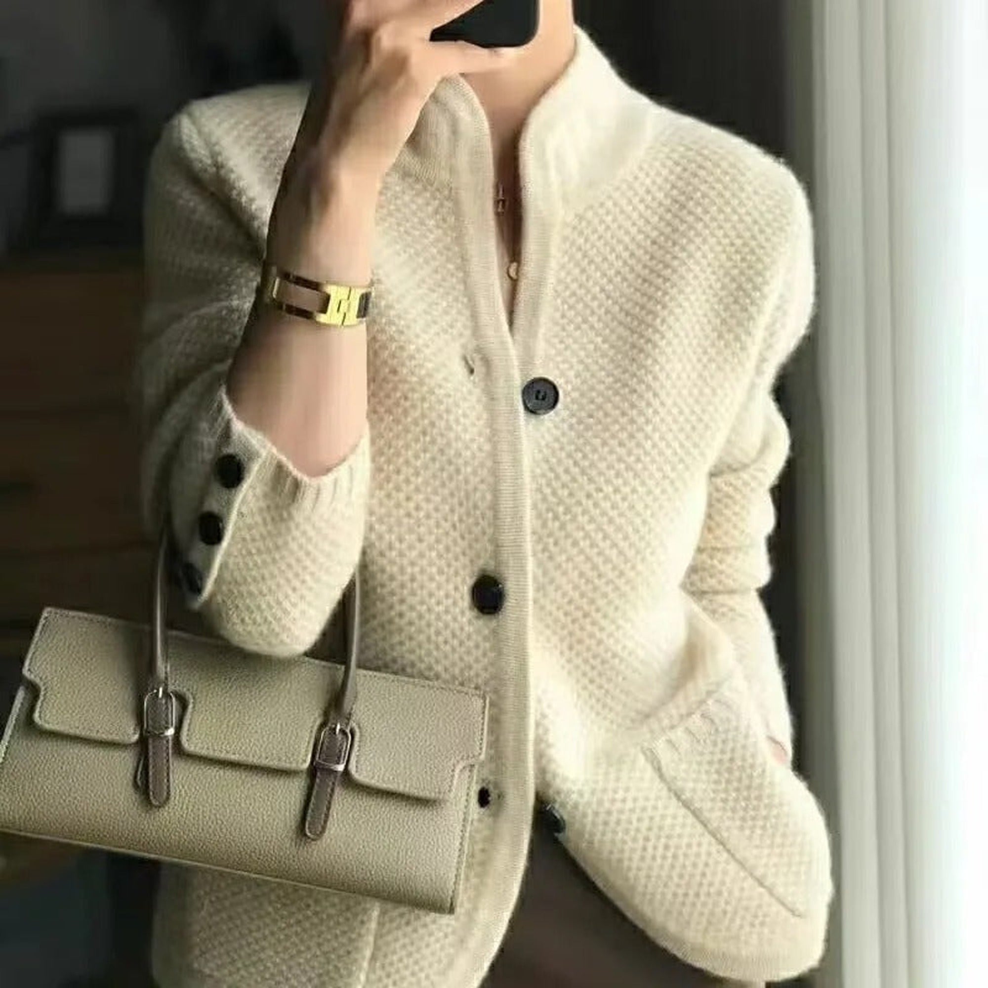 Lola | Women's Textured Knit Cardigan Button-Up Jacket - Beige