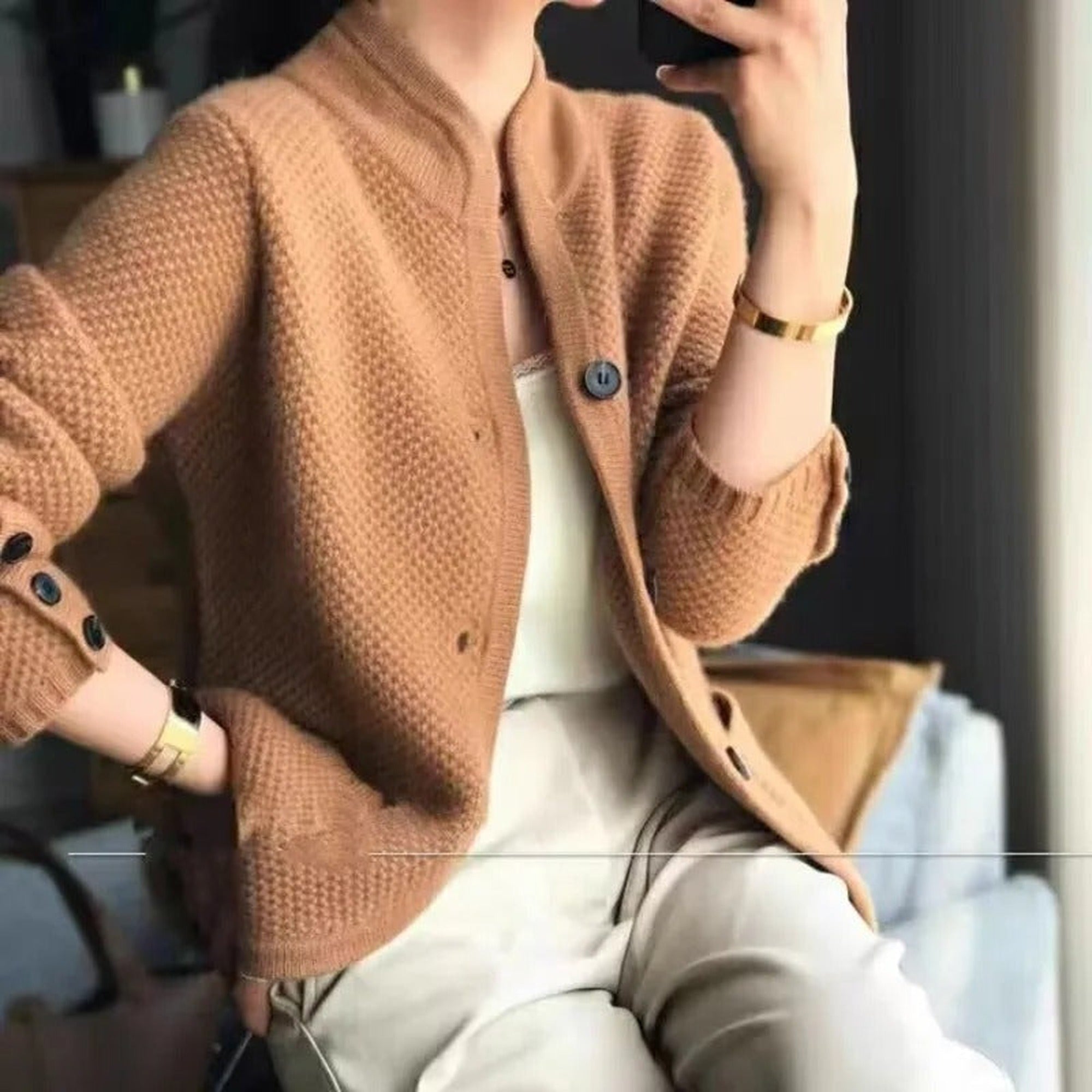 Lola | Women's Textured Knit Cardigan Button-Up Jacket - Brown