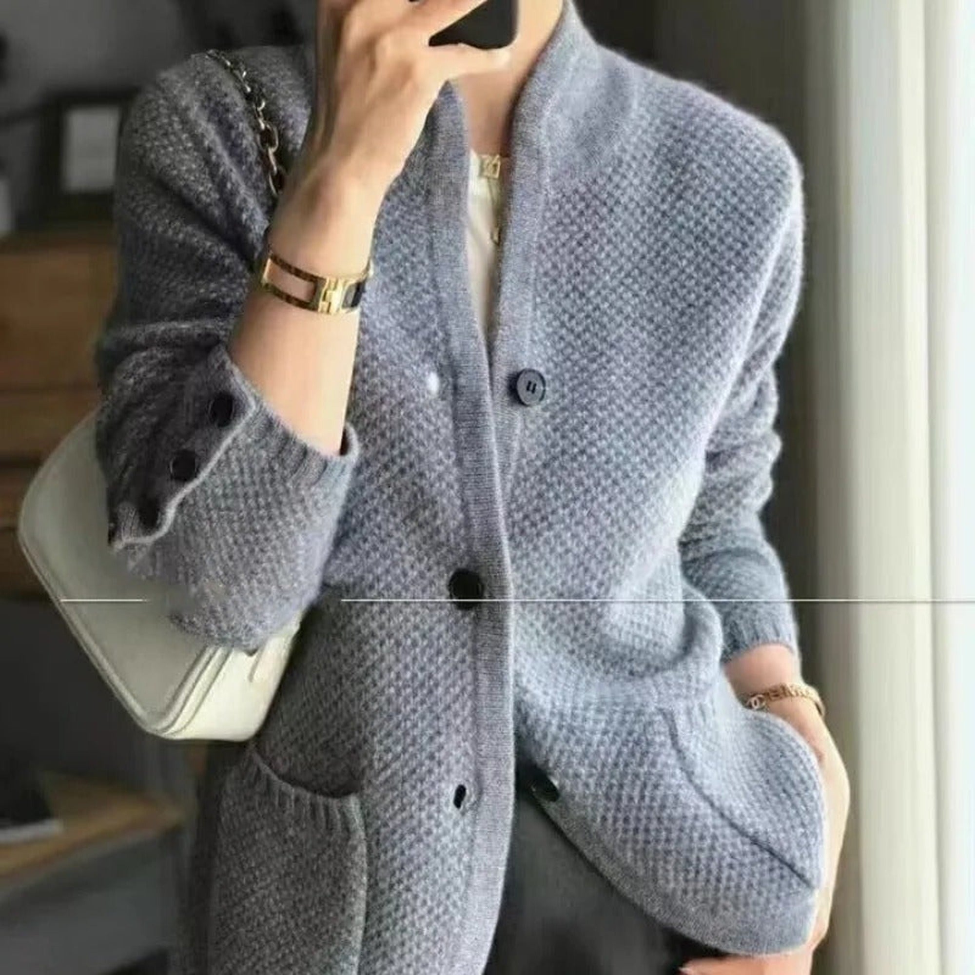 Lola | Women's Textured Knit Cardigan Button-Up Jacket - Grey