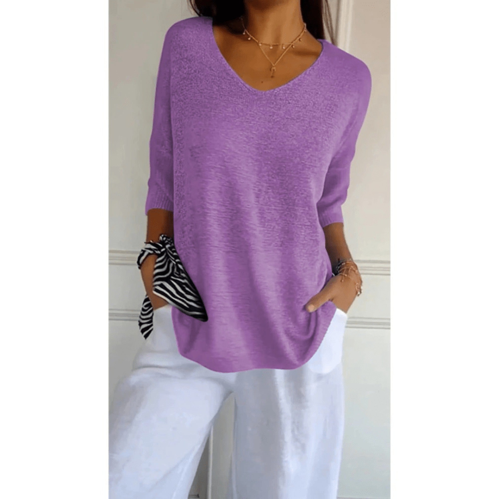 Juno | Women's V-Neck 3/4 Sleeve Top - Purple