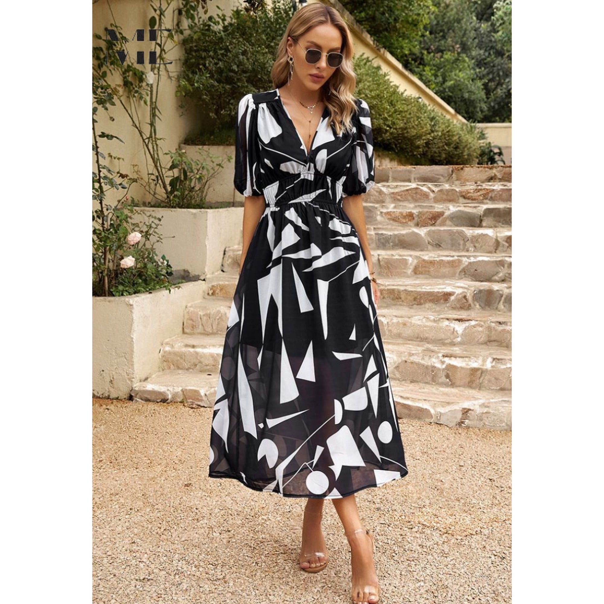 Nadia | Women's V-Neck Floral A-Line Midi Dress - Black